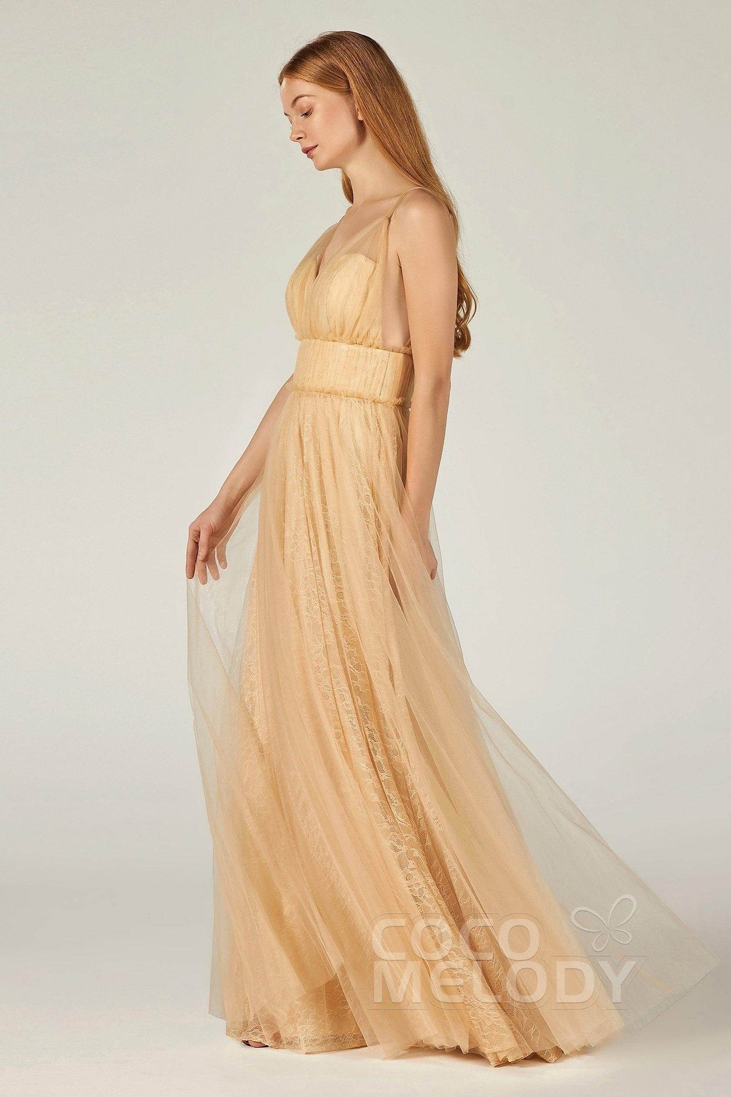 A-Line Floor Length Tulle Lace Bridesmaid Dress CB0374 - COCOMELODY