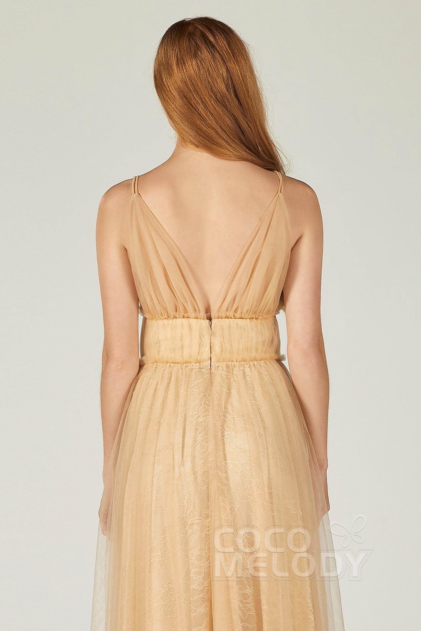 A-Line Floor Length Tulle Lace Bridesmaid Dress CB0374 - COCOMELODY