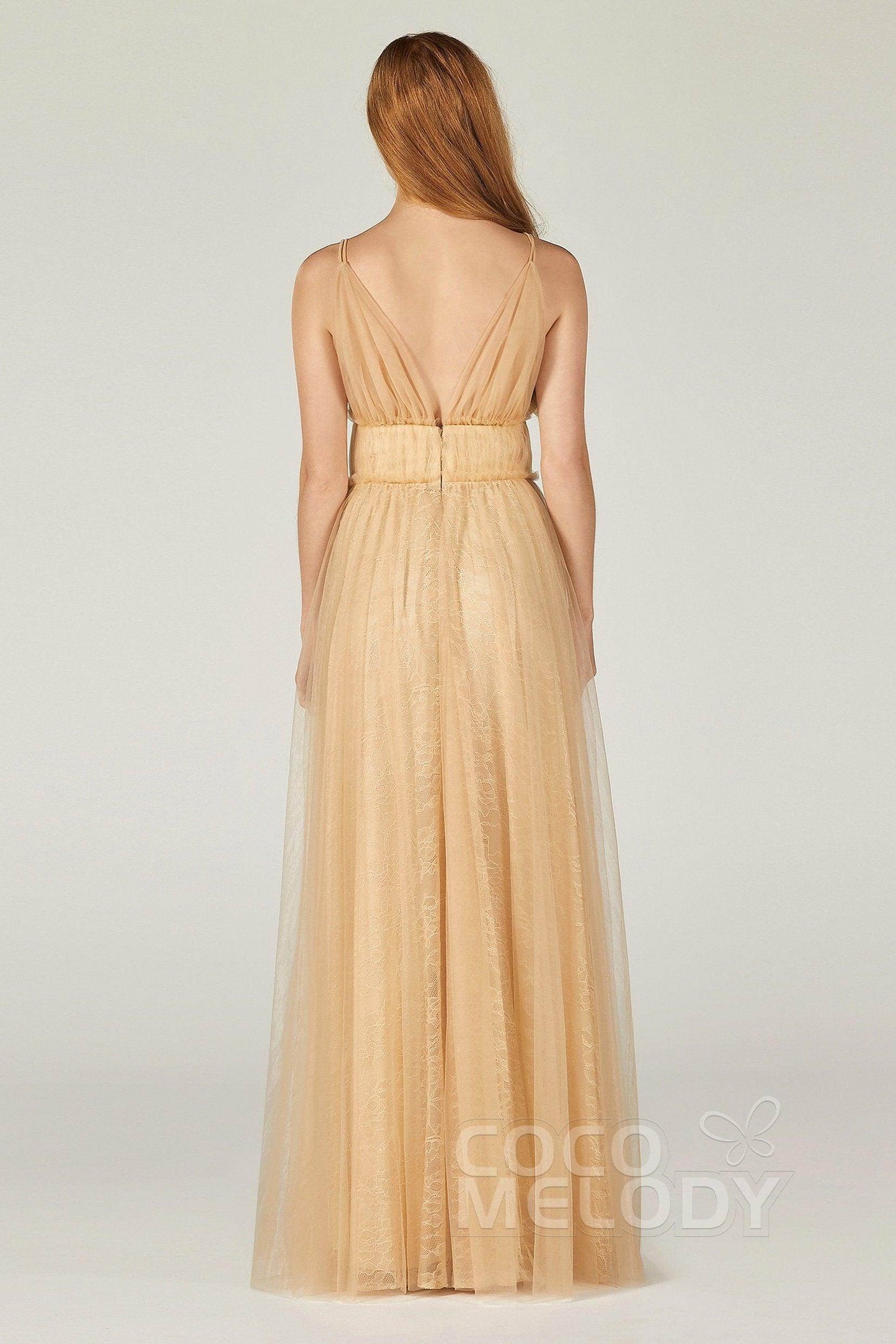 A-Line Floor Length Tulle Lace Bridesmaid Dress CB0374 - COCOMELODY