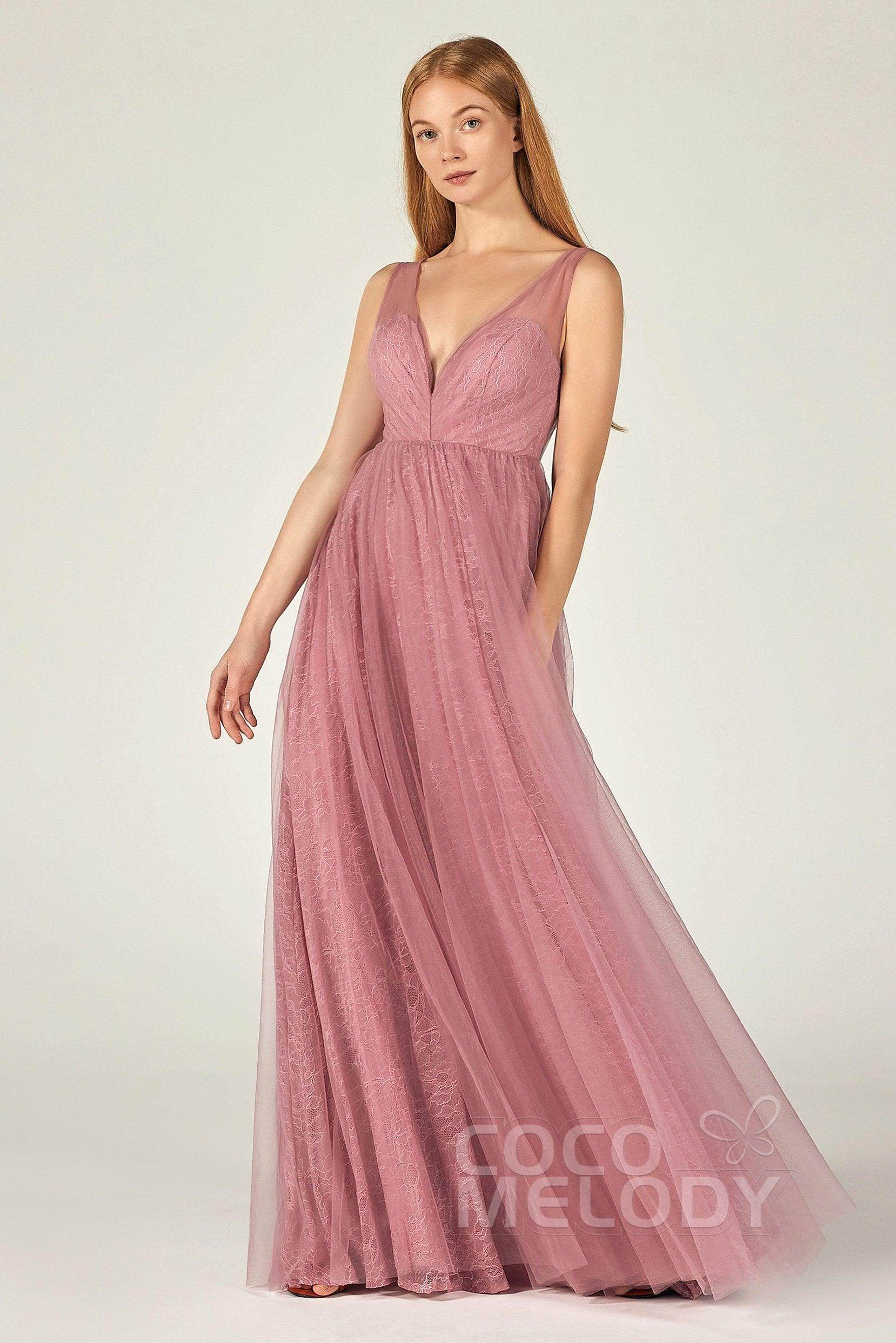A-Line Floor Length Tulle Lace Bridesmaid Dress CB0375 - COCOMELODY