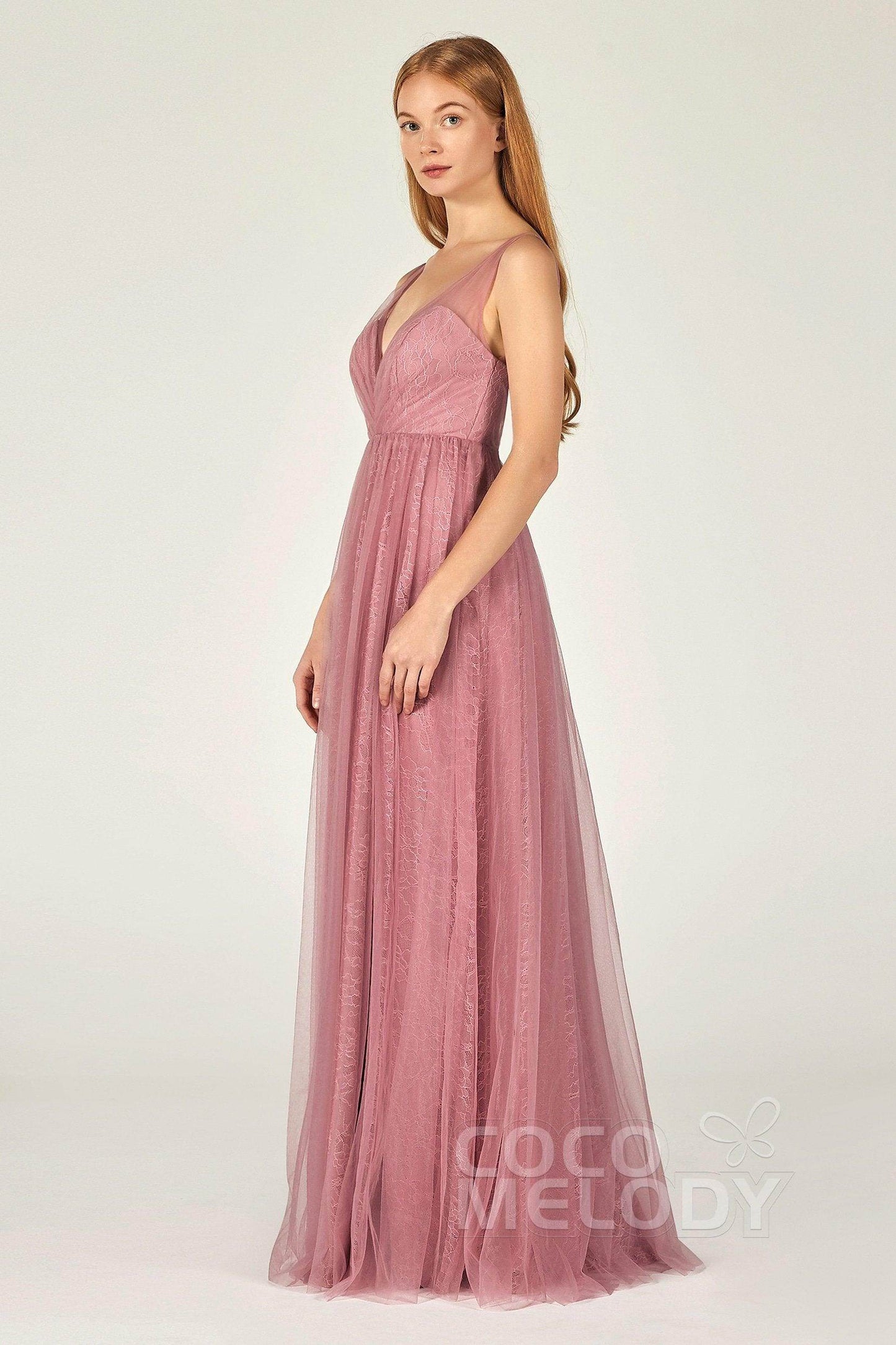 A-Line Floor Length Tulle Lace Bridesmaid Dress CB0375 - COCOMELODY