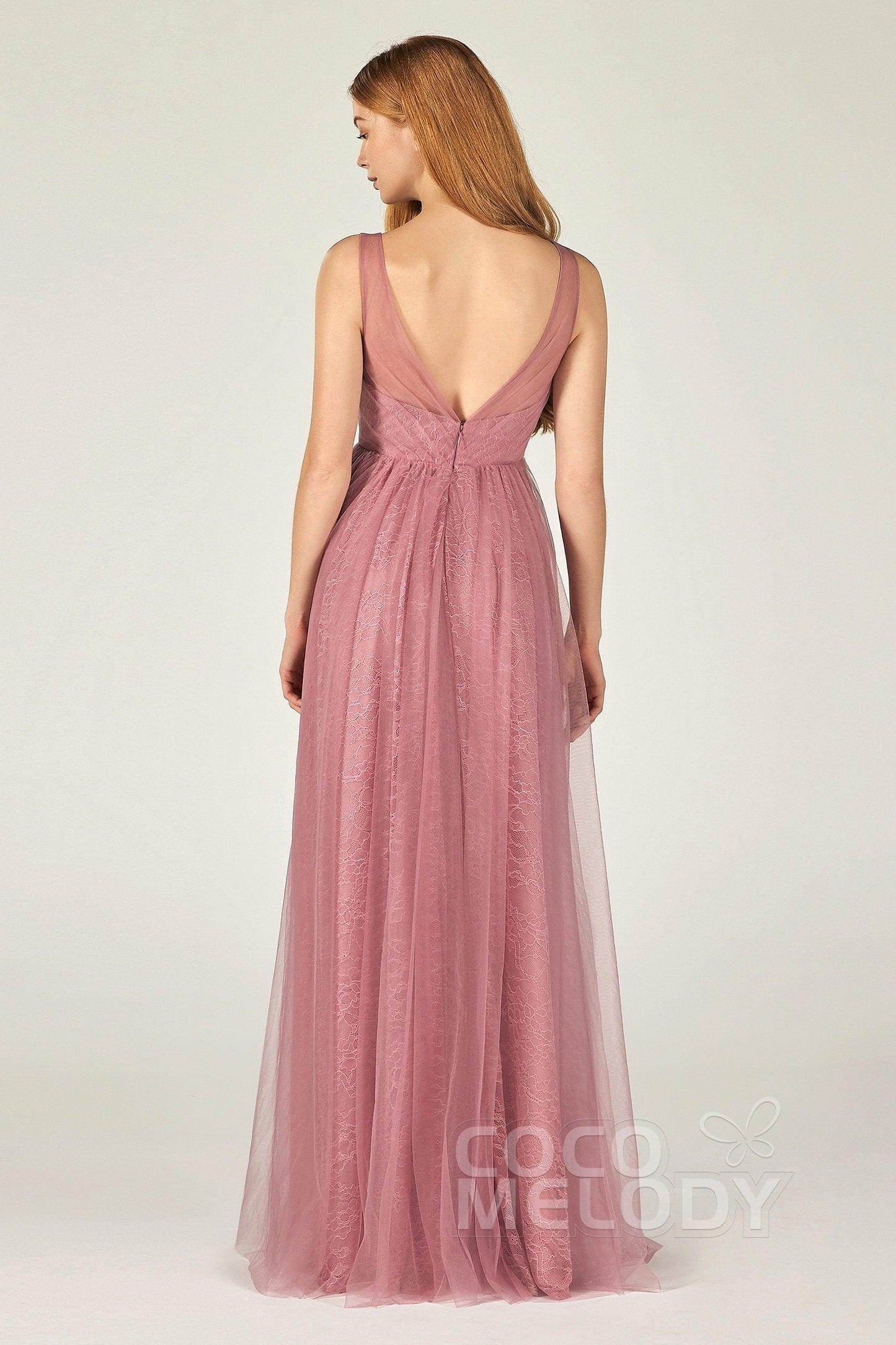 A-Line Floor Length Tulle Lace Bridesmaid Dress CB0375 - COCOMELODY