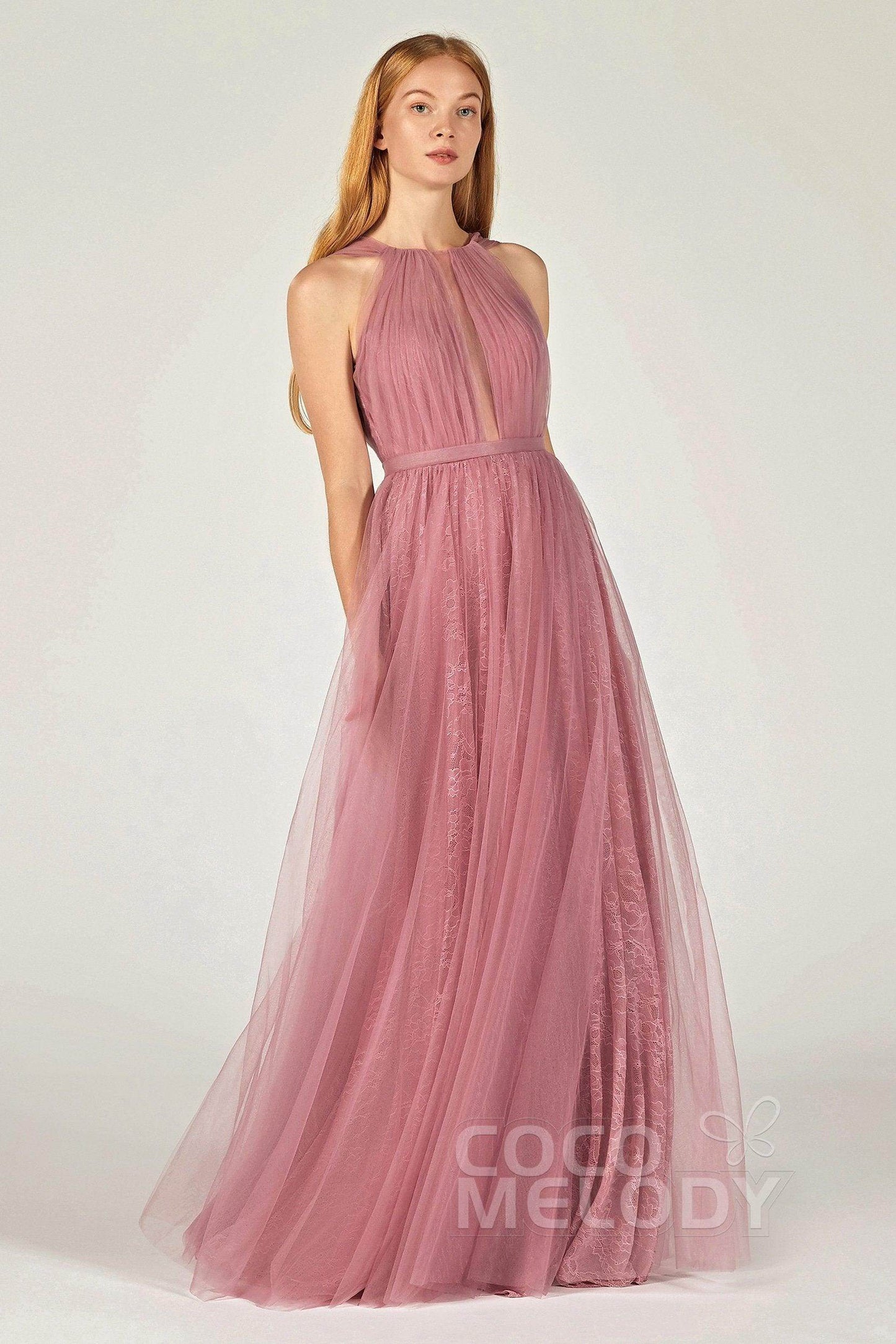 A-Line Floor Length Tulle/Lace Bridesmaid Dress CB0376 - COCOMELODY
