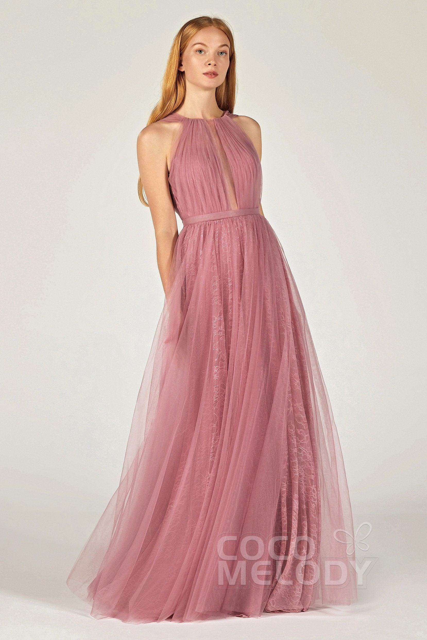 A-Line Floor Length Tulle/Lace Bridesmaid Dress CB0376 - COCOMELODY