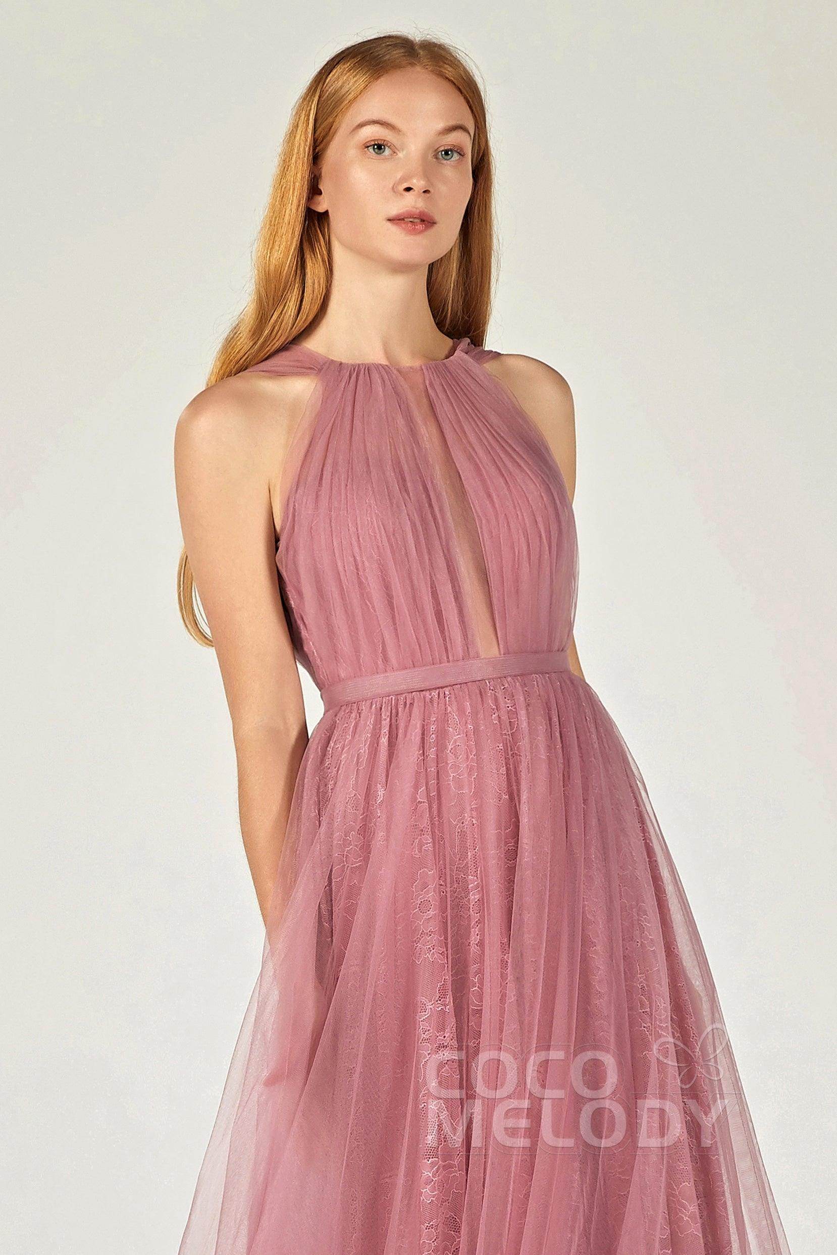 A-Line Floor Length Tulle/Lace Bridesmaid Dress CB0376 - COCOMELODY