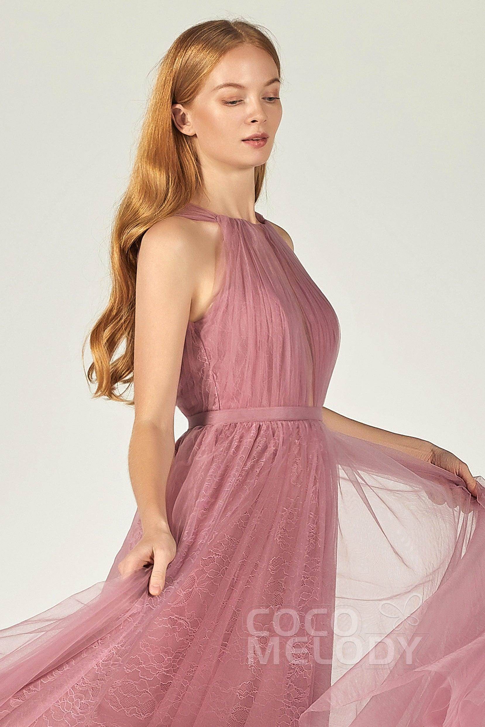 A-Line Floor Length Tulle/Lace Bridesmaid Dress CB0376 - COCOMELODY