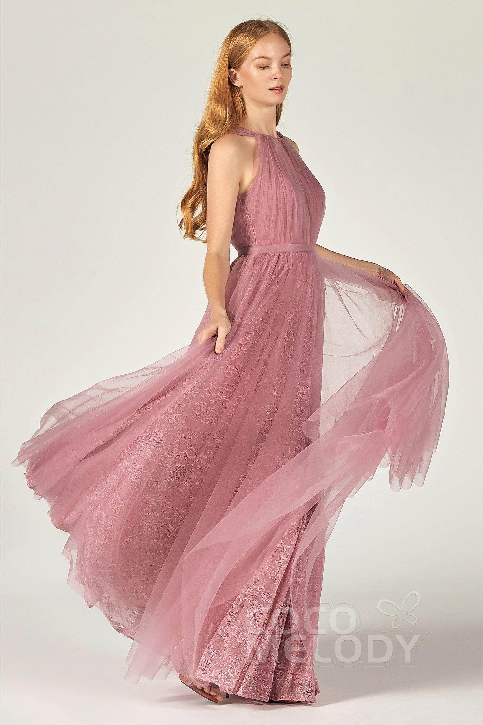 A-Line Floor Length Tulle/Lace Bridesmaid Dress CB0376 - COCOMELODY