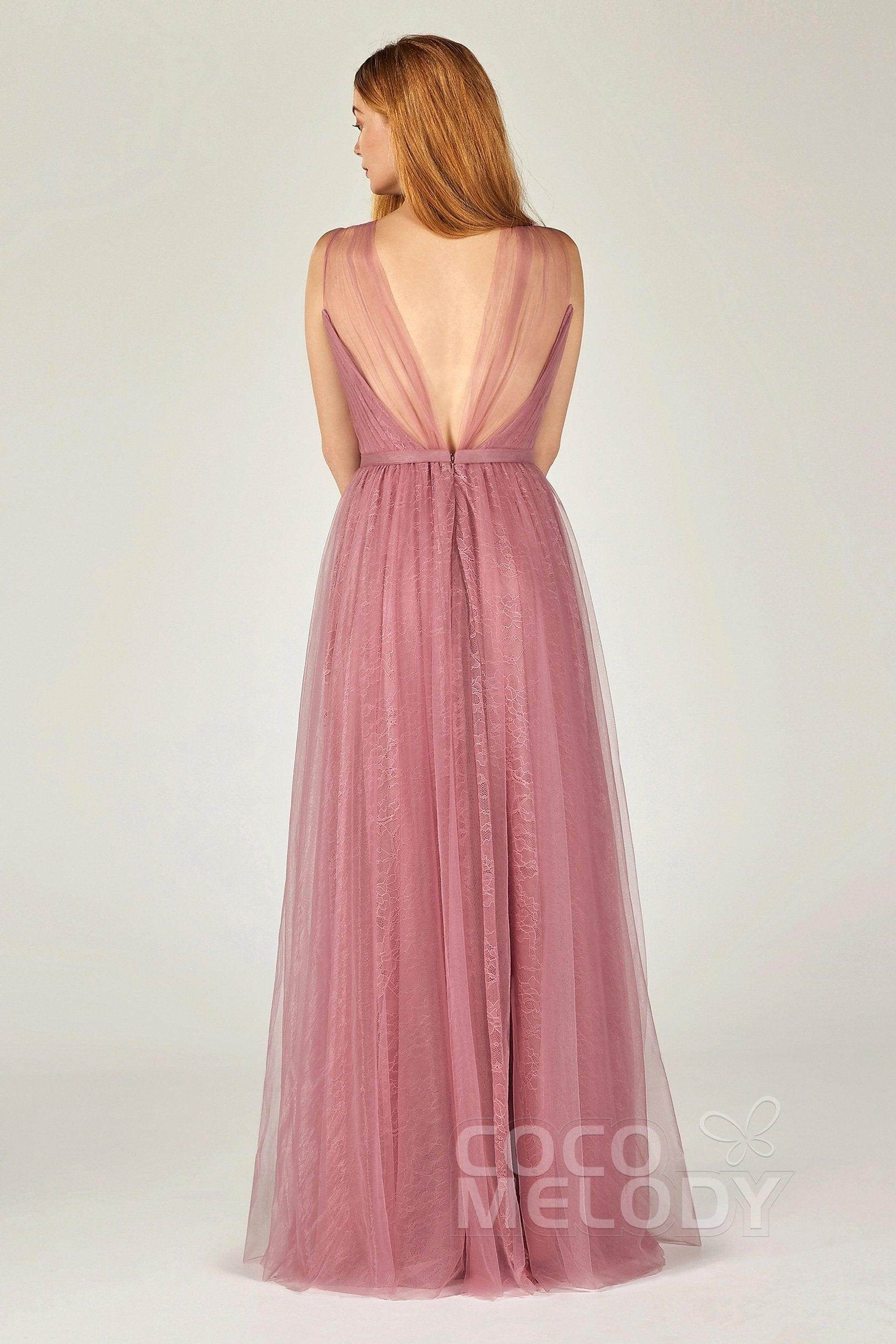 A-Line Floor Length Tulle/Lace Bridesmaid Dress CB0376 - COCOMELODY