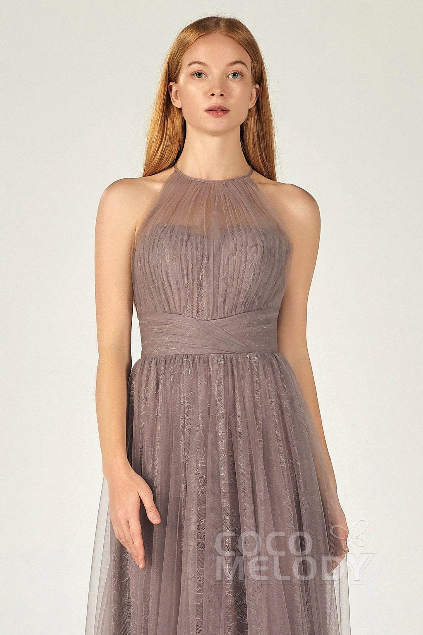 A-Line Floor Length Tulle Lace Bridesmaid Dress CB0377 - COCOMELODY