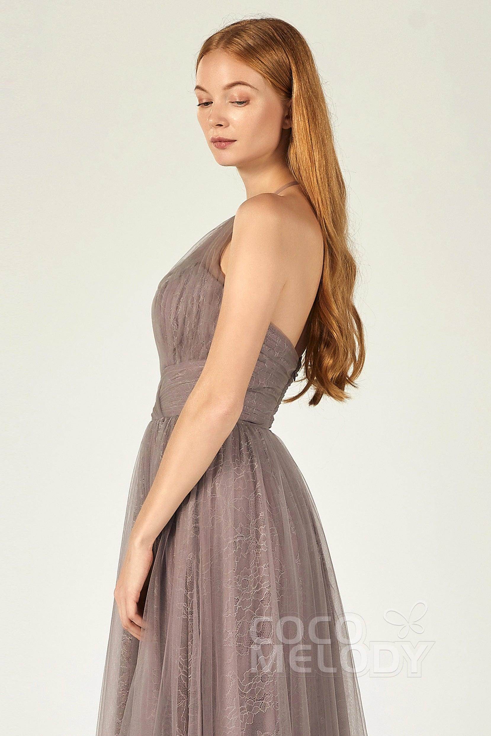 A-Line Floor Length Tulle Lace Bridesmaid Dress CB0377 - COCOMELODY