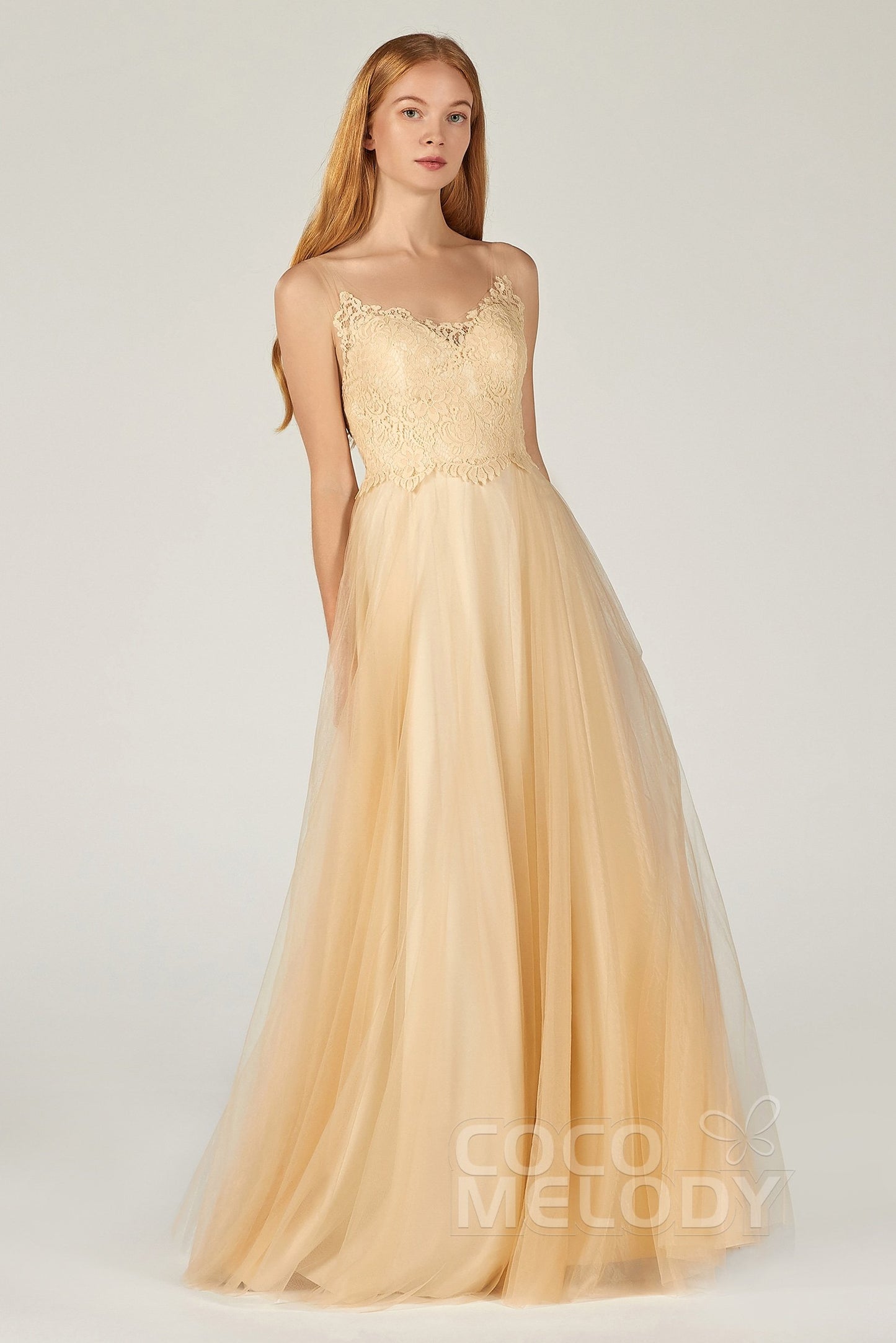 A-Line Floor Length Tulle/Lace Bridesmaid Dress CB0378