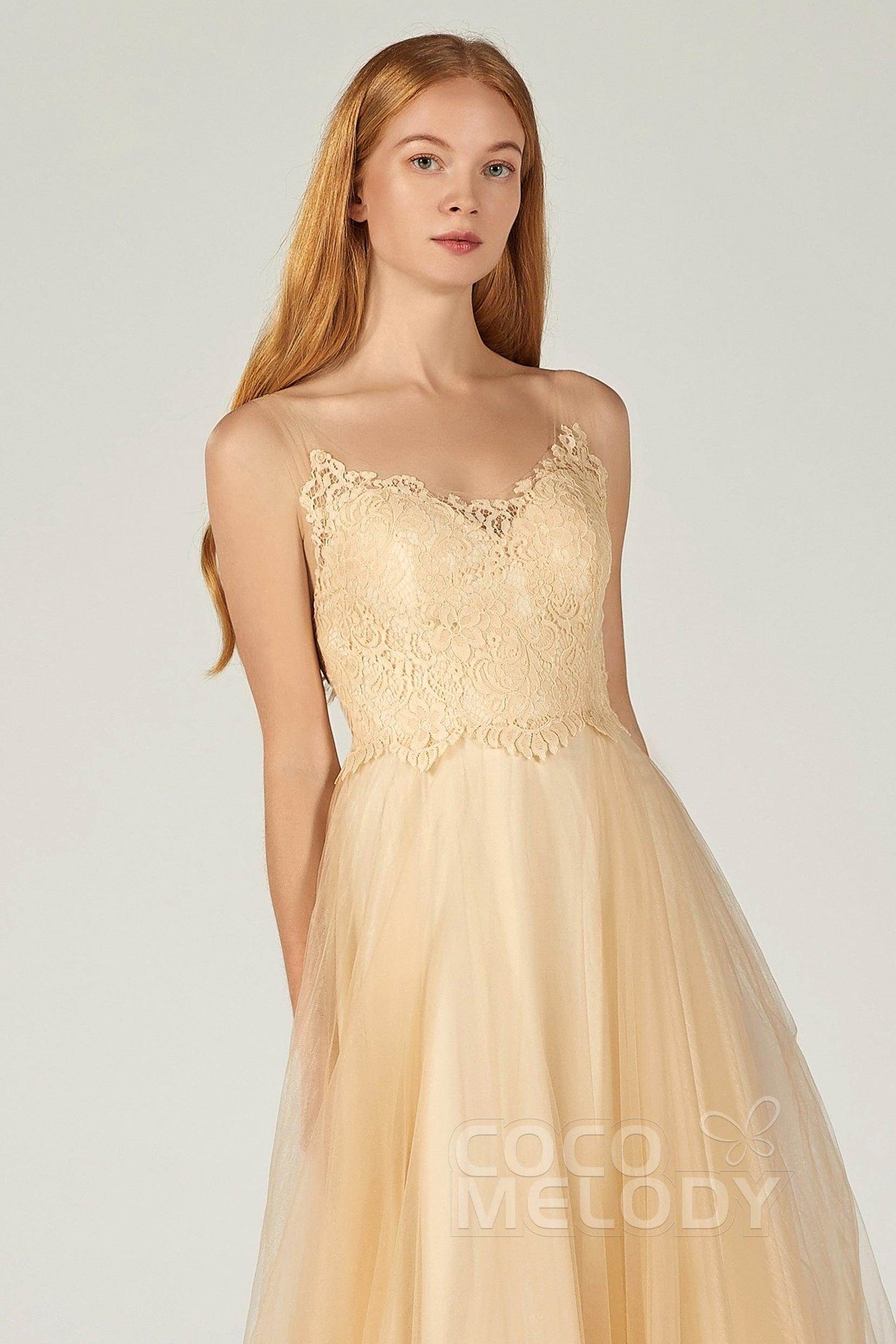 A-Line Floor Length Tulle Lace Bridesmaid Dress CB0378 - COCOMELODY