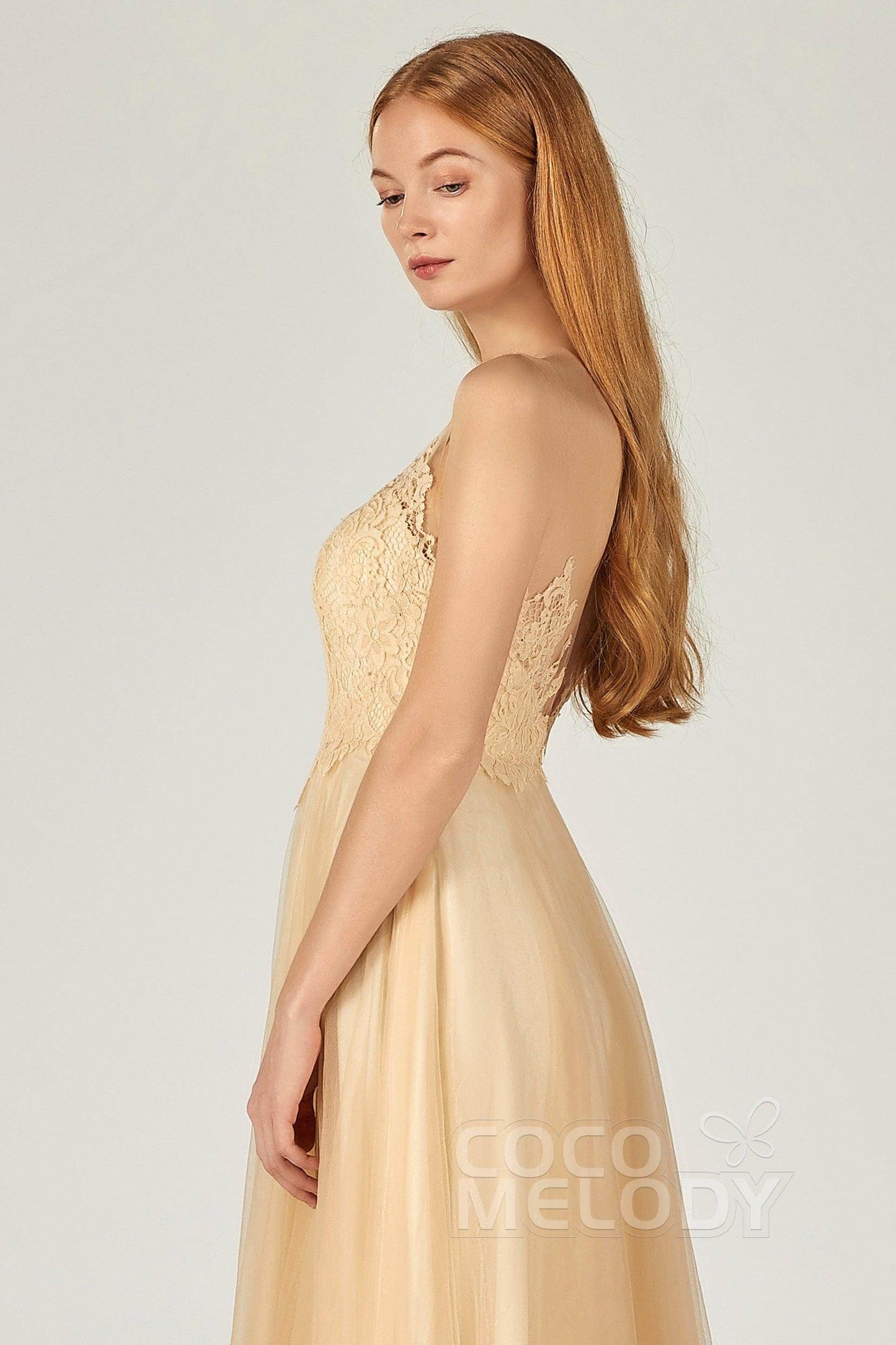 A-Line Floor Length Tulle Lace Bridesmaid Dress CB0378 - COCOMELODY