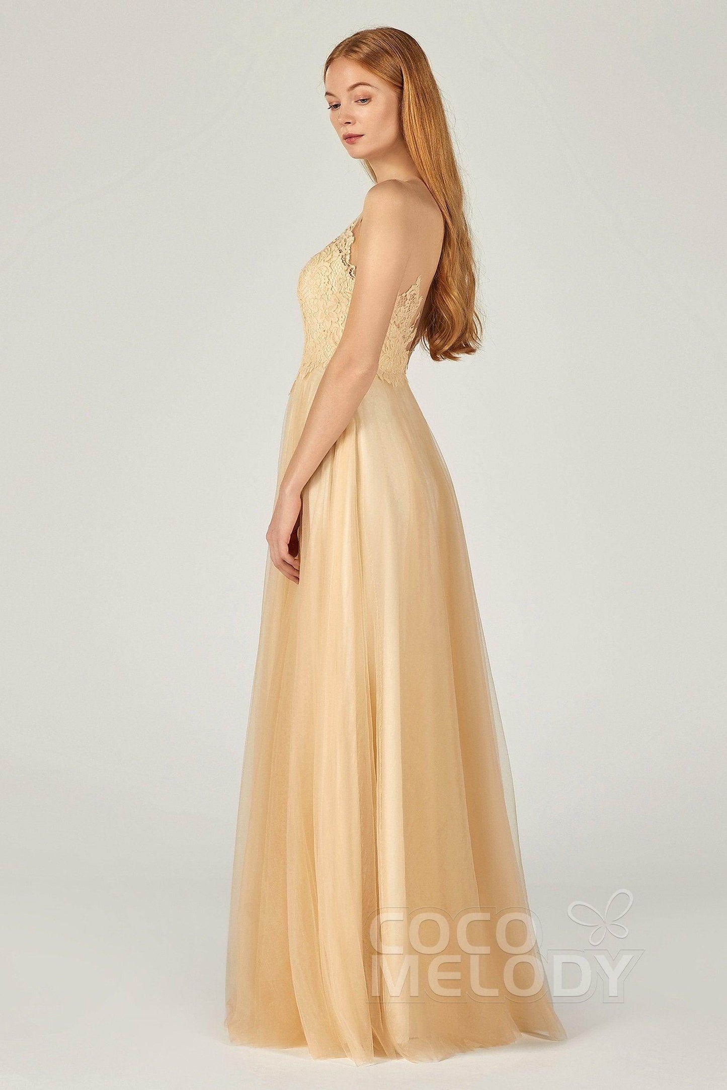 A-Line Floor Length Tulle Lace Bridesmaid Dress CB0378 - COCOMELODY