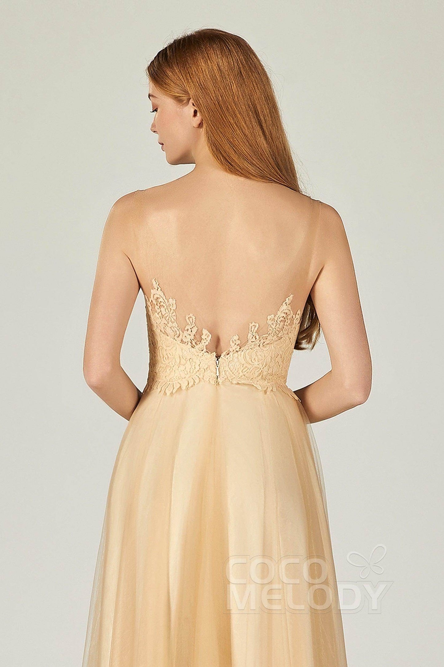 A-Line Floor Length Tulle Lace Bridesmaid Dress CB0378 - COCOMELODY