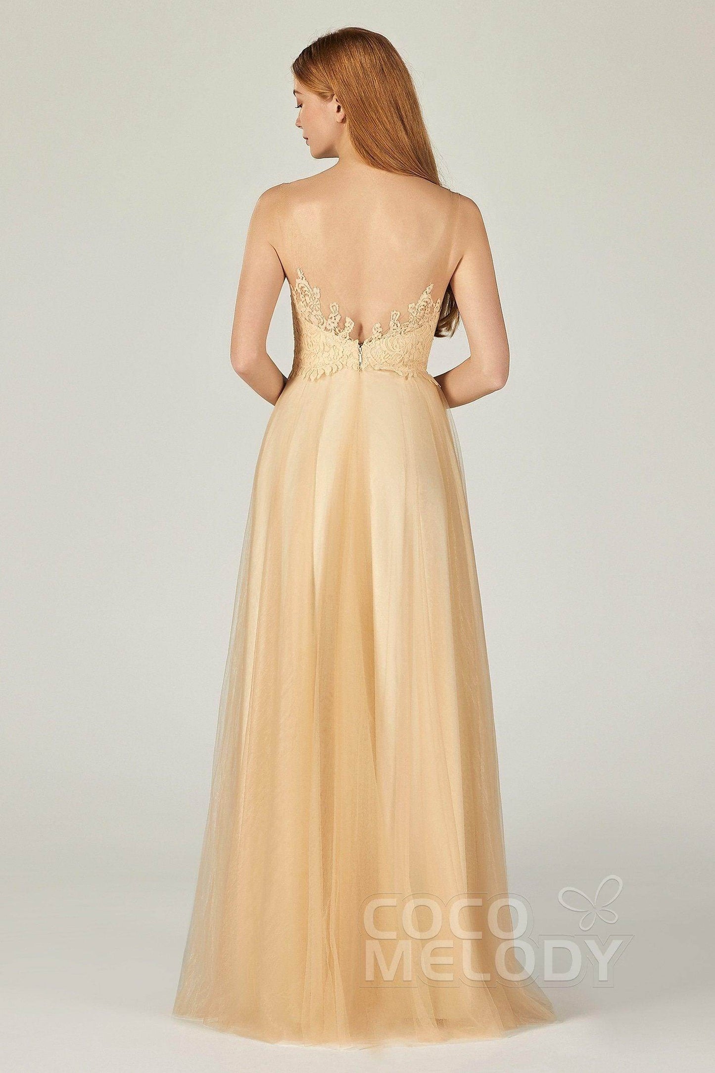 A-Line Floor Length Tulle Lace Bridesmaid Dress CB0378 - COCOMELODY