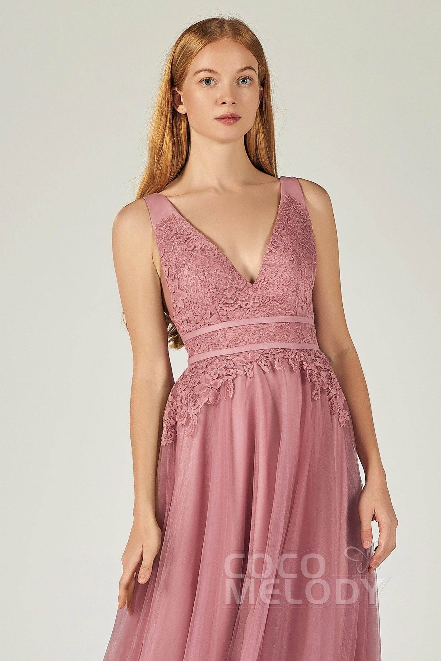 A-Line Floor Length Tulle Lace Bridesmaid Dress CB0379 - COCOMELODY