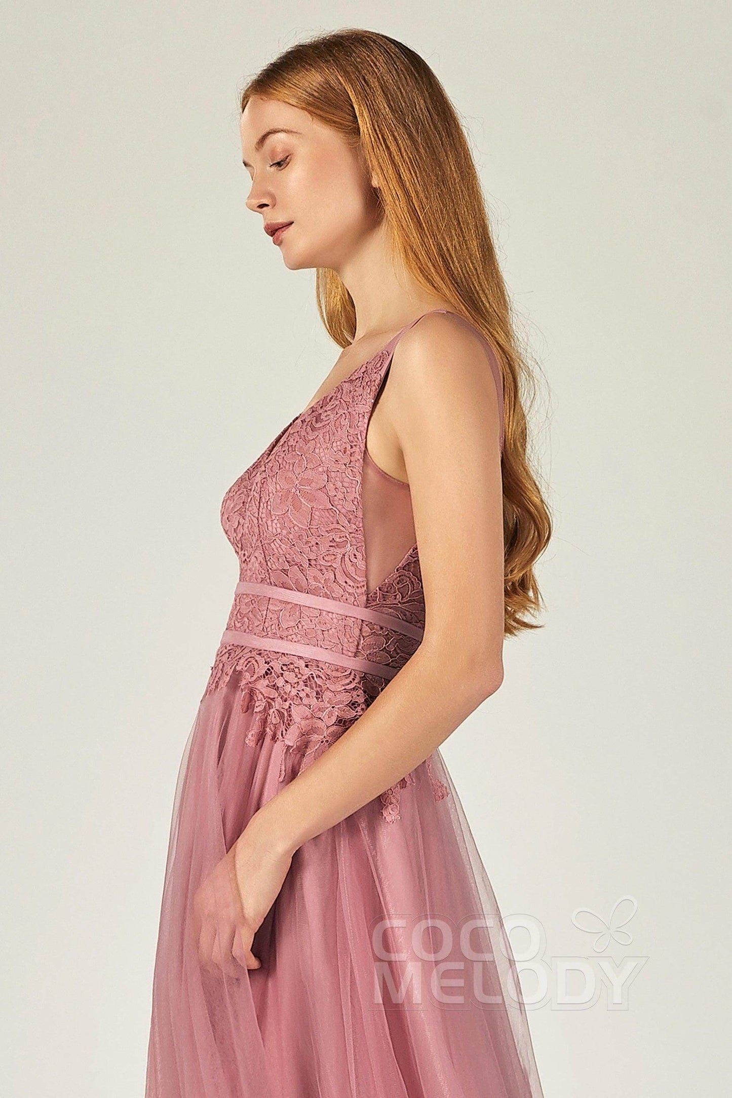 A-Line Floor Length Tulle Lace Bridesmaid Dress CB0379 - COCOMELODY