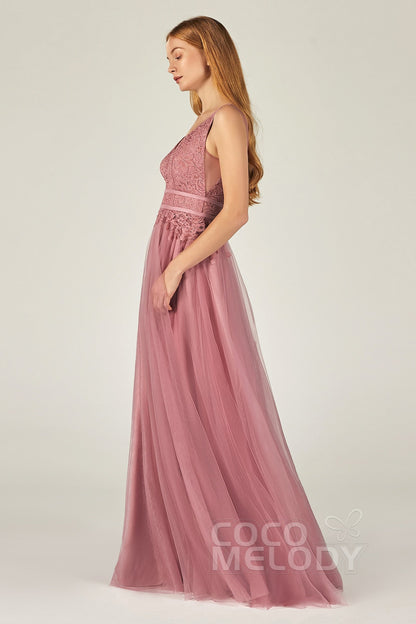 A-Line Floor Length Tulle/Lace Bridesmaid Dress CB0379
