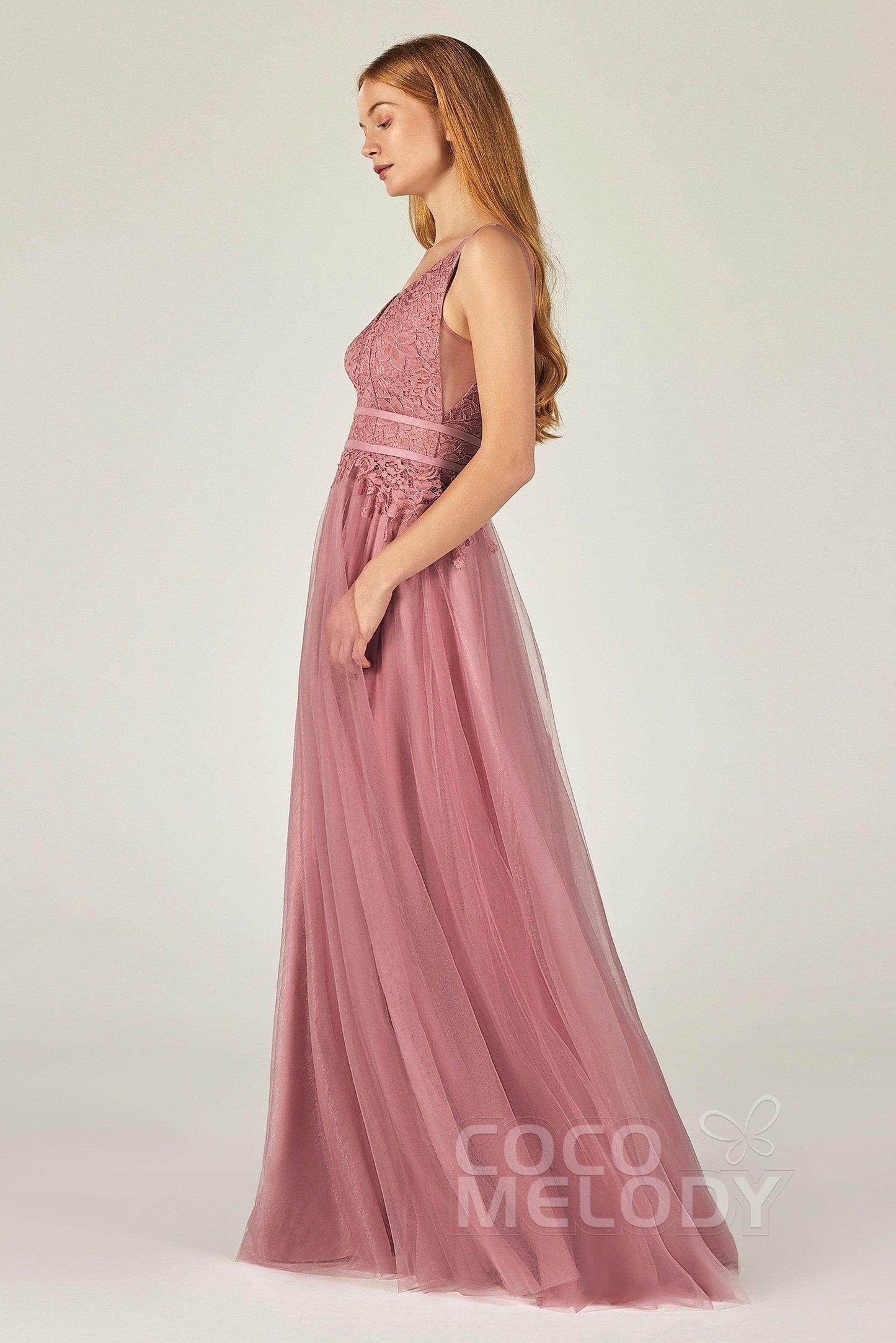 A-Line Floor Length Tulle Lace Bridesmaid Dress CB0379 - COCOMELODY