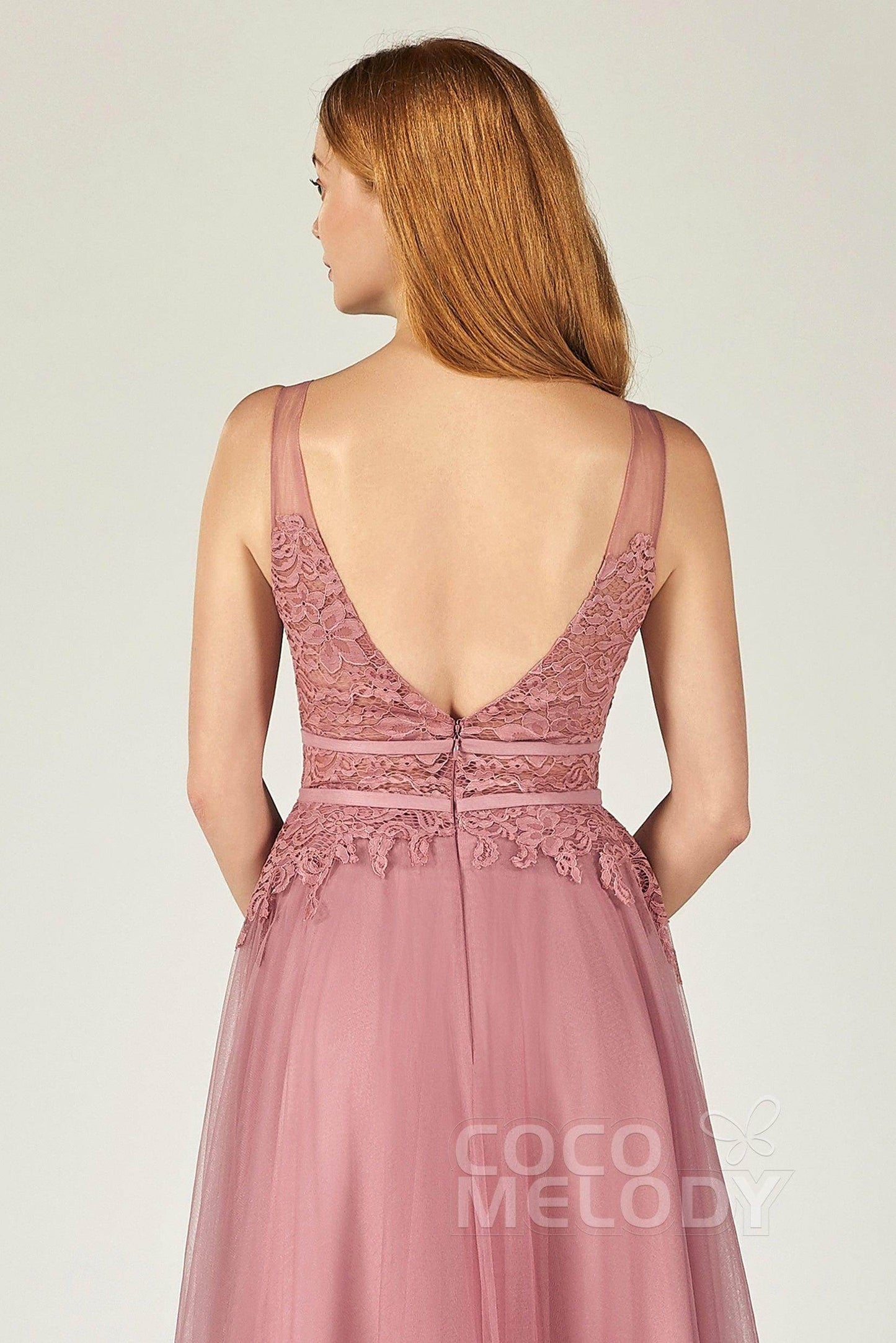 A-Line Floor Length Tulle Lace Bridesmaid Dress CB0379 - COCOMELODY
