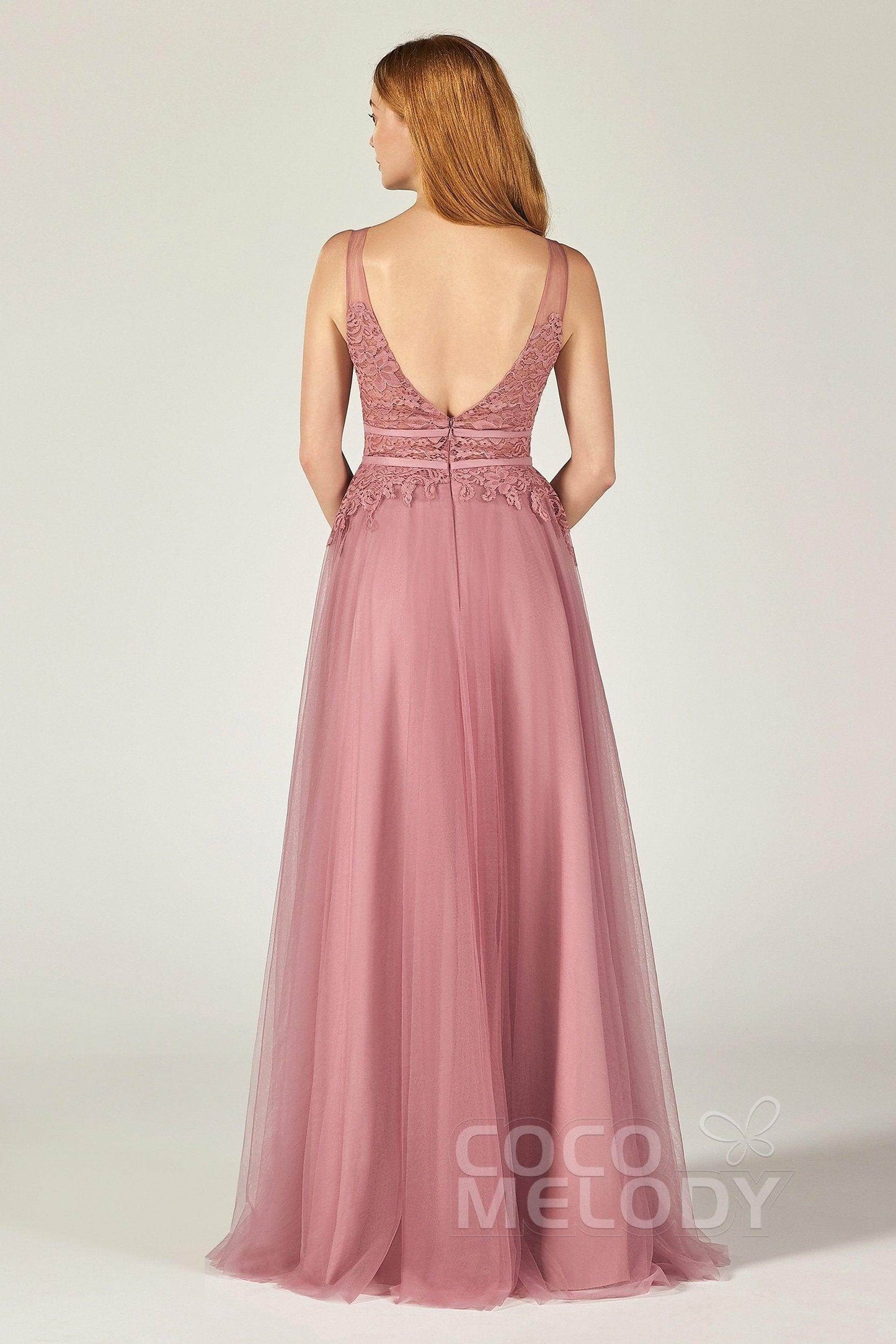 A-Line Floor Length Tulle Lace Bridesmaid Dress CB0379 - COCOMELODY