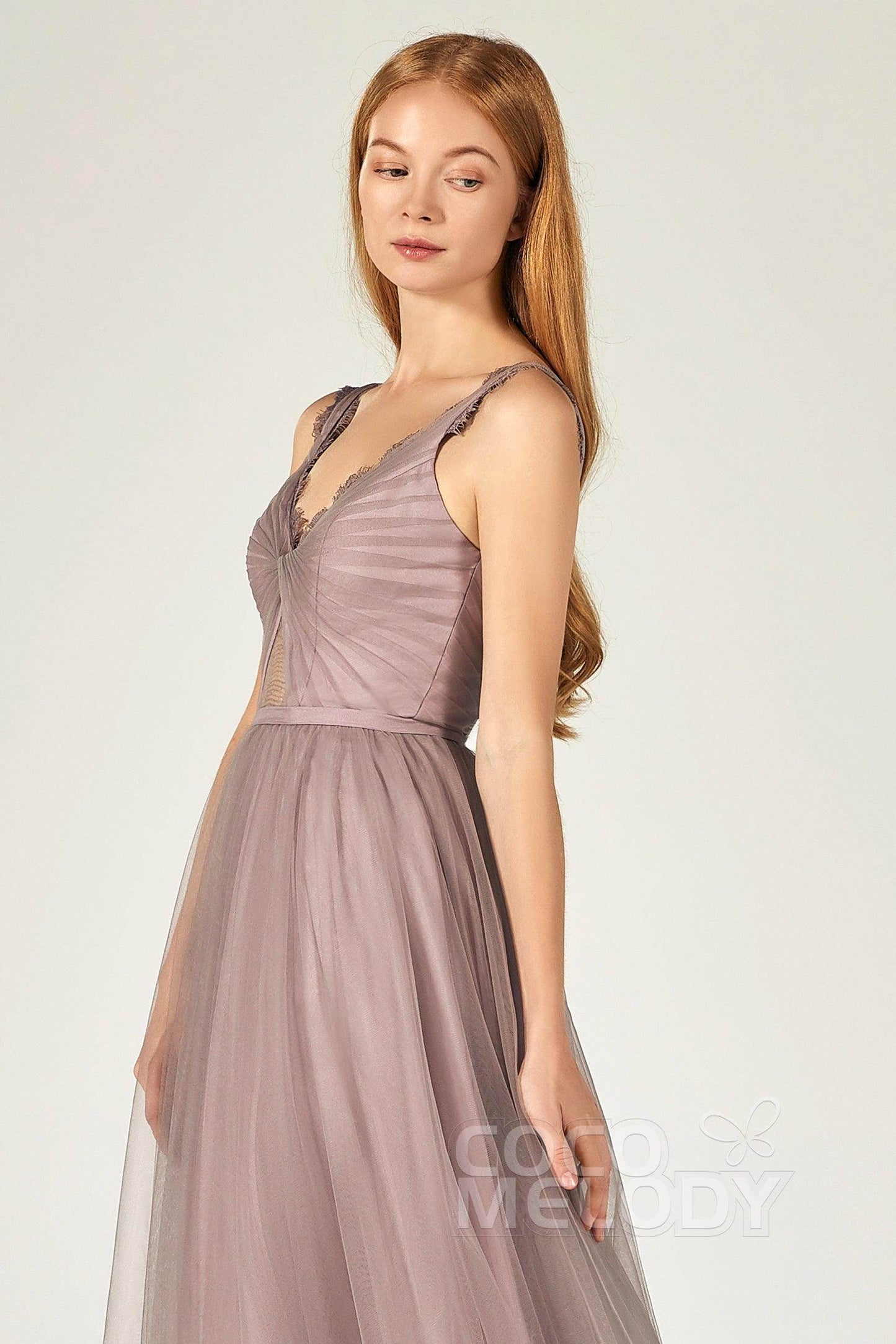 A-Line Floor Length Tulle Bridesmaid Dress CB0380 - COCOMELODY