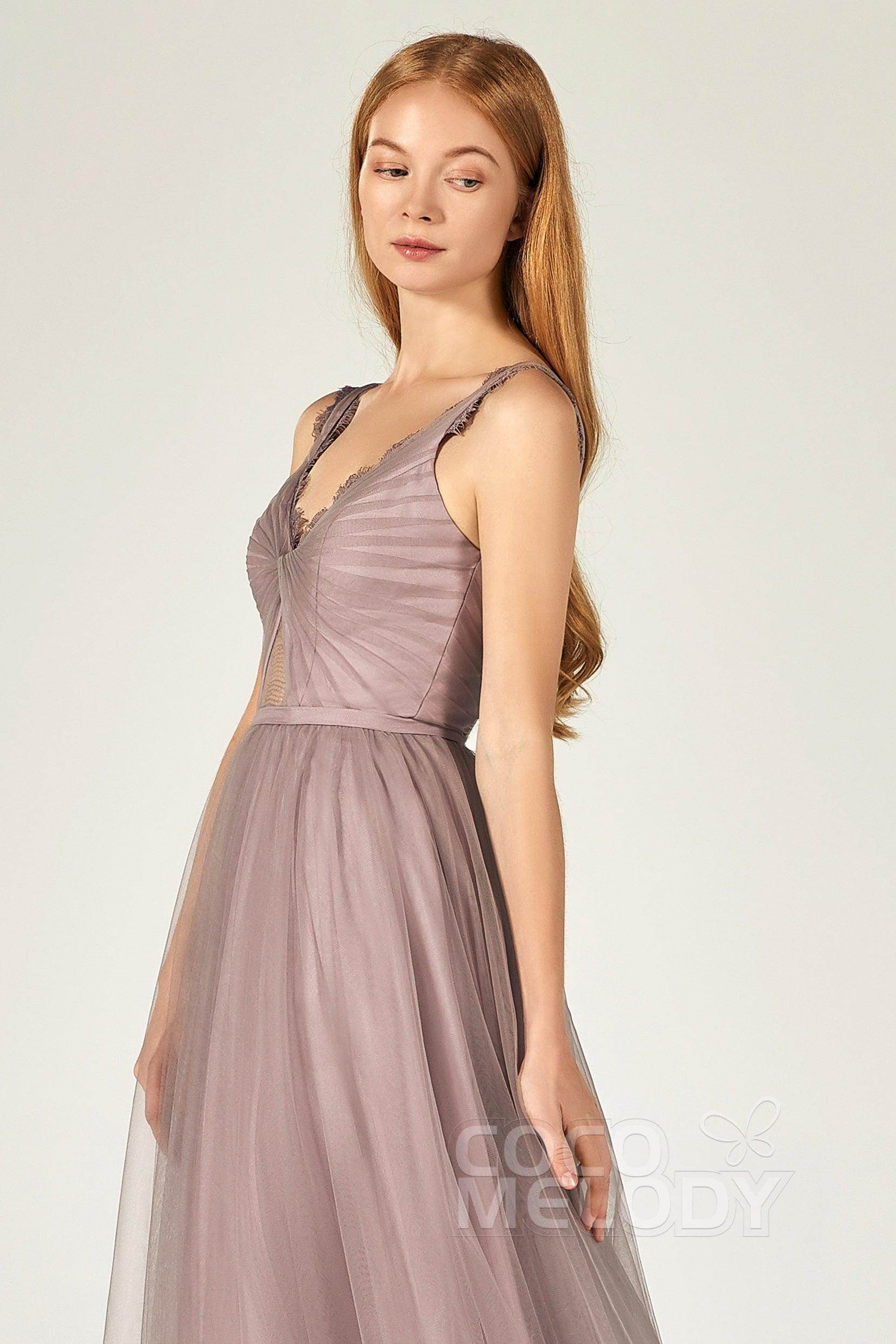 A-Line Floor Length Tulle Bridesmaid Dress CB0380 - COCOMELODY