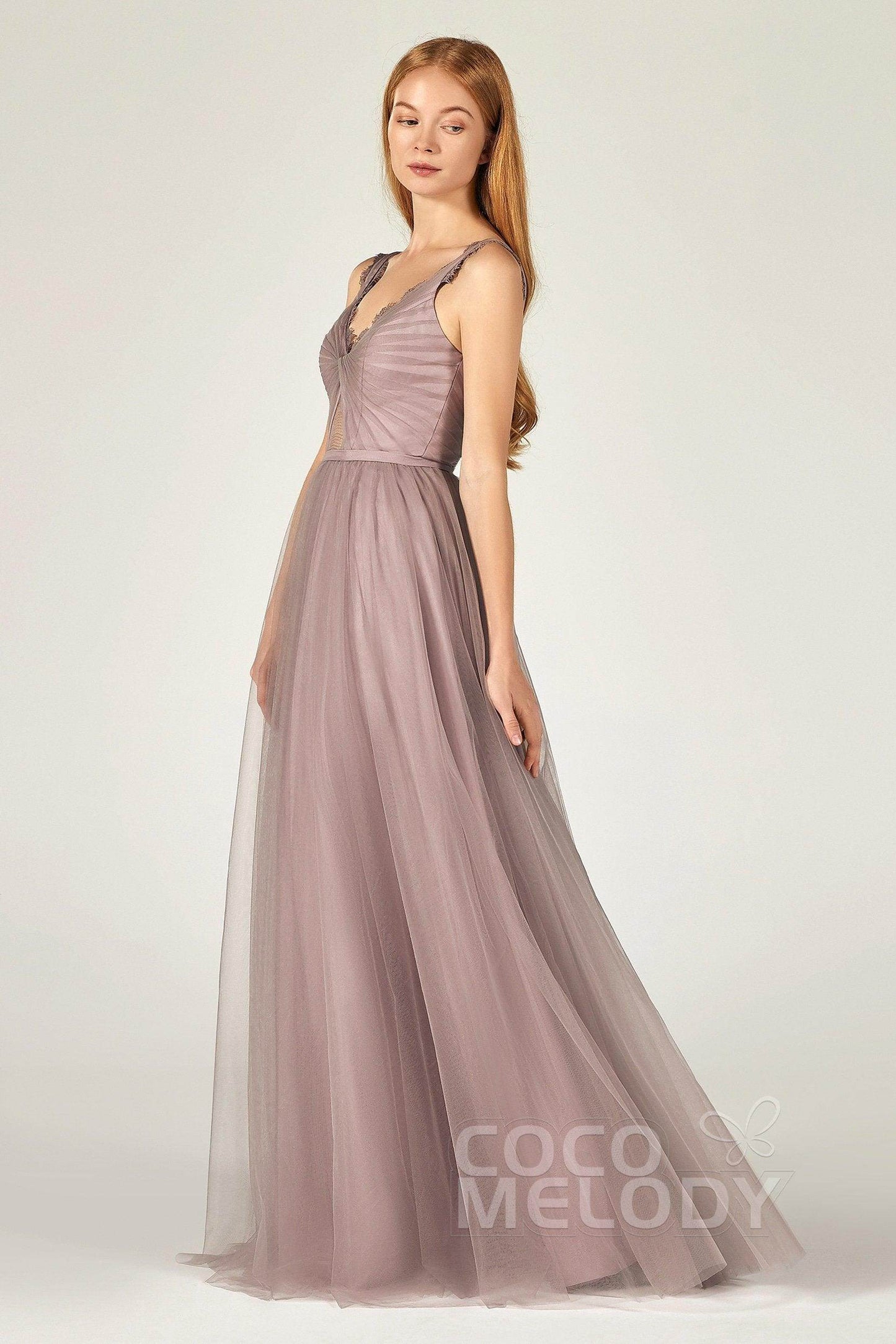 A-Line Floor Length Tulle Bridesmaid Dress CB0380 - COCOMELODY