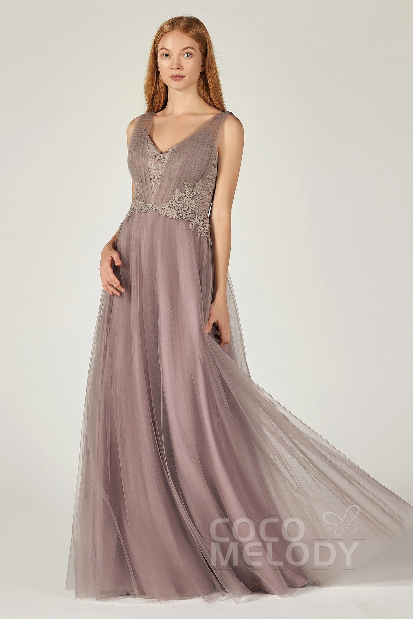 A-Line Floor Length Tulle/Lace Bridesmaid Dress CB0381