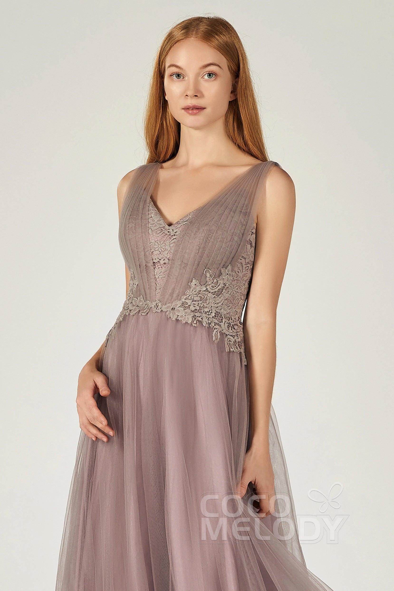 A-Line Floor Length Tulle/Lace Bridesmaid Dress CB0381 - COCOMELODY