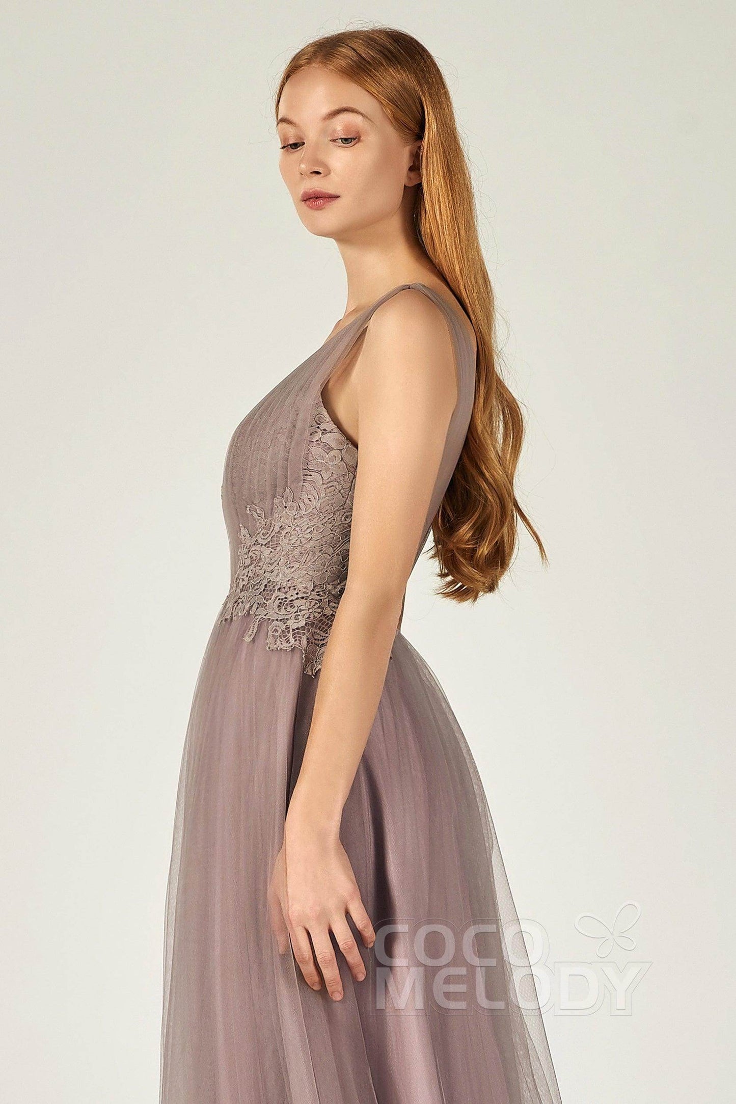 A-Line Floor Length Tulle/Lace Bridesmaid Dress CB0381 - COCOMELODY