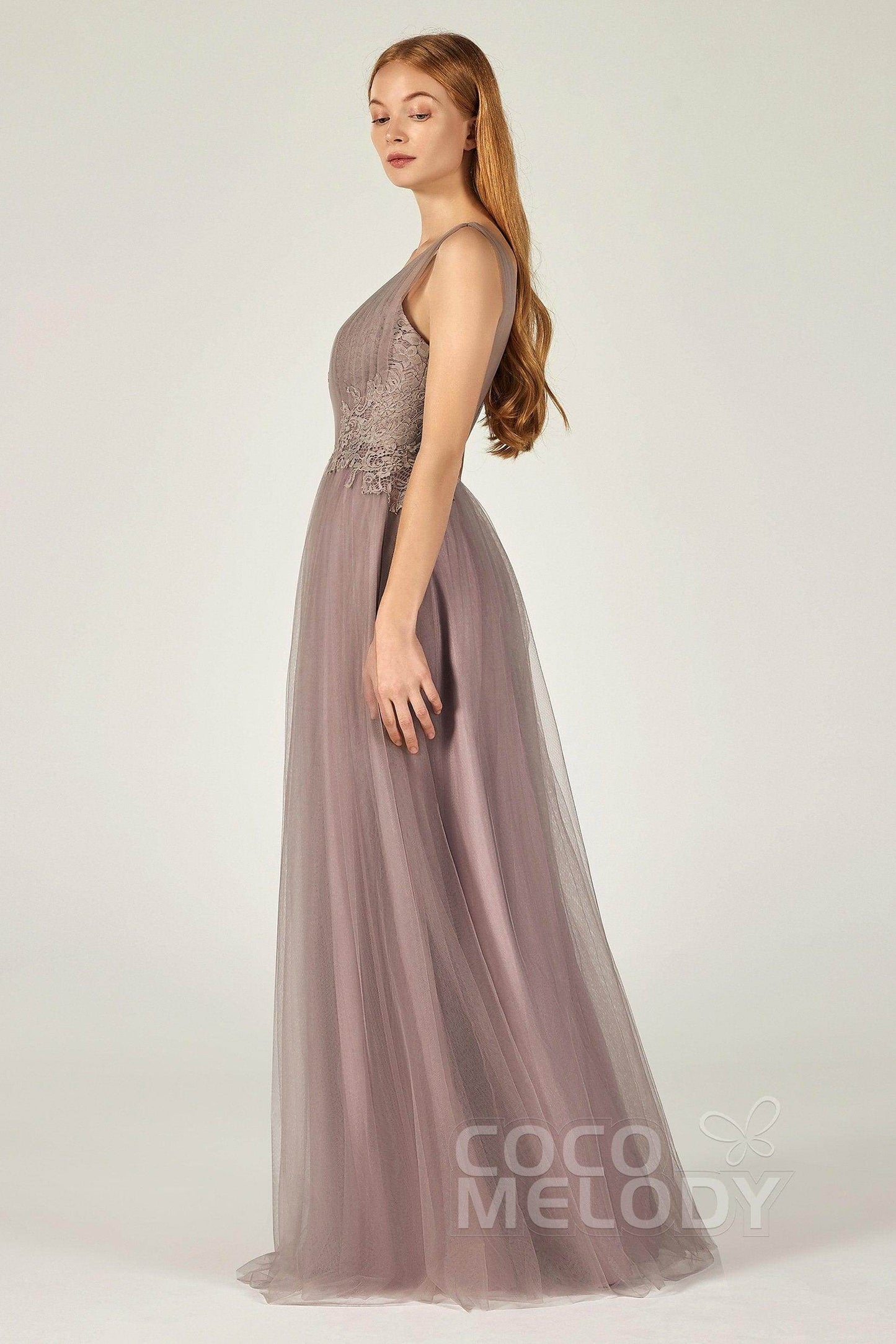 A-Line Floor Length Tulle/Lace Bridesmaid Dress CB0381 - COCOMELODY