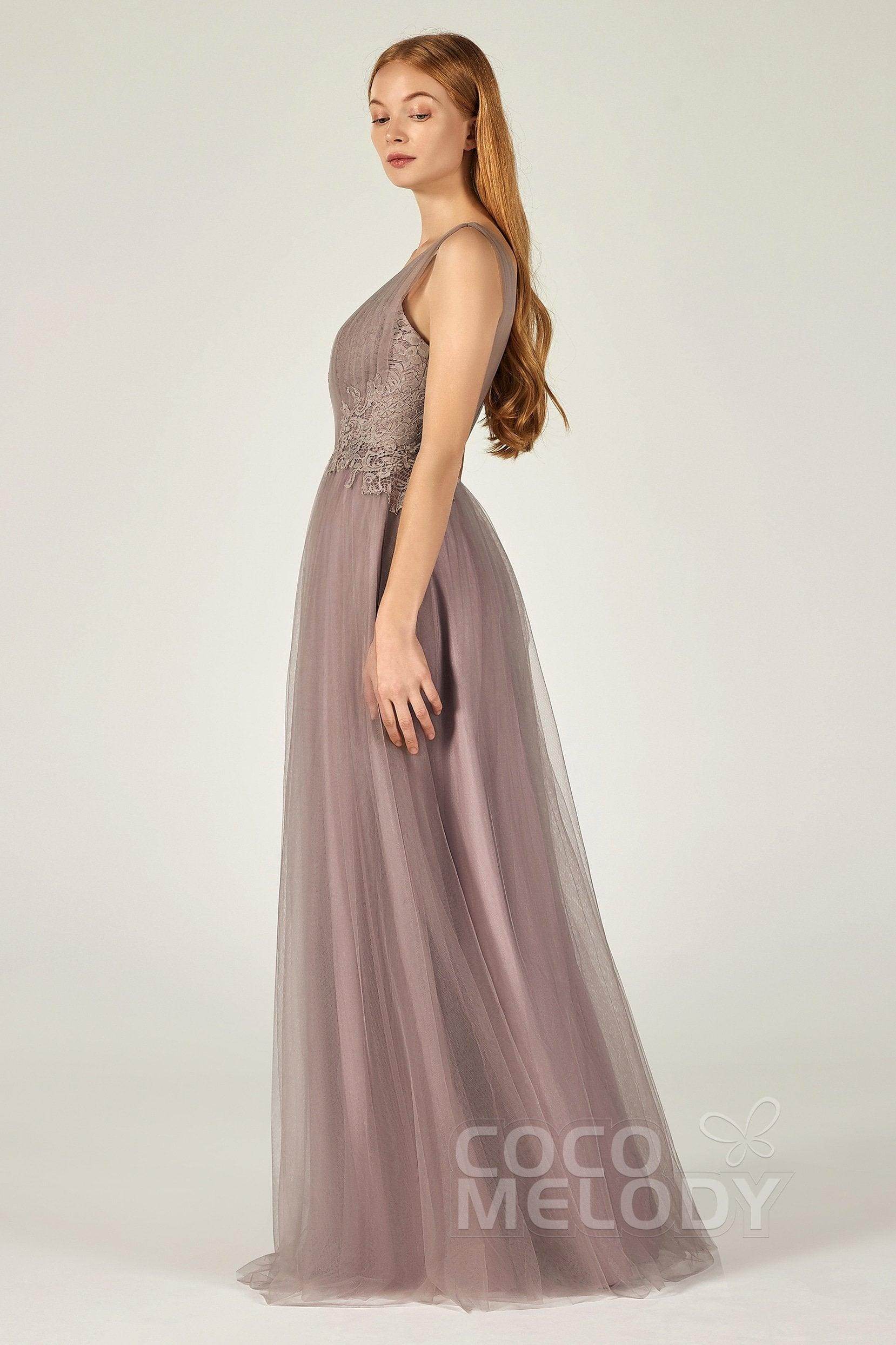 A-Line Floor Length Tulle/Lace Bridesmaid Dress CB0381 - COCOMELODY