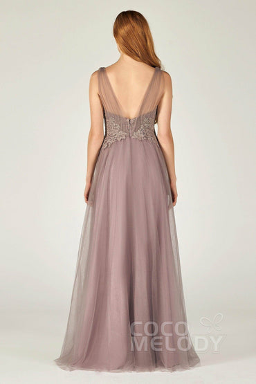 A-Line Floor Length Tulle/Lace Bridesmaid Dress CB0381 - COCOMELODY
