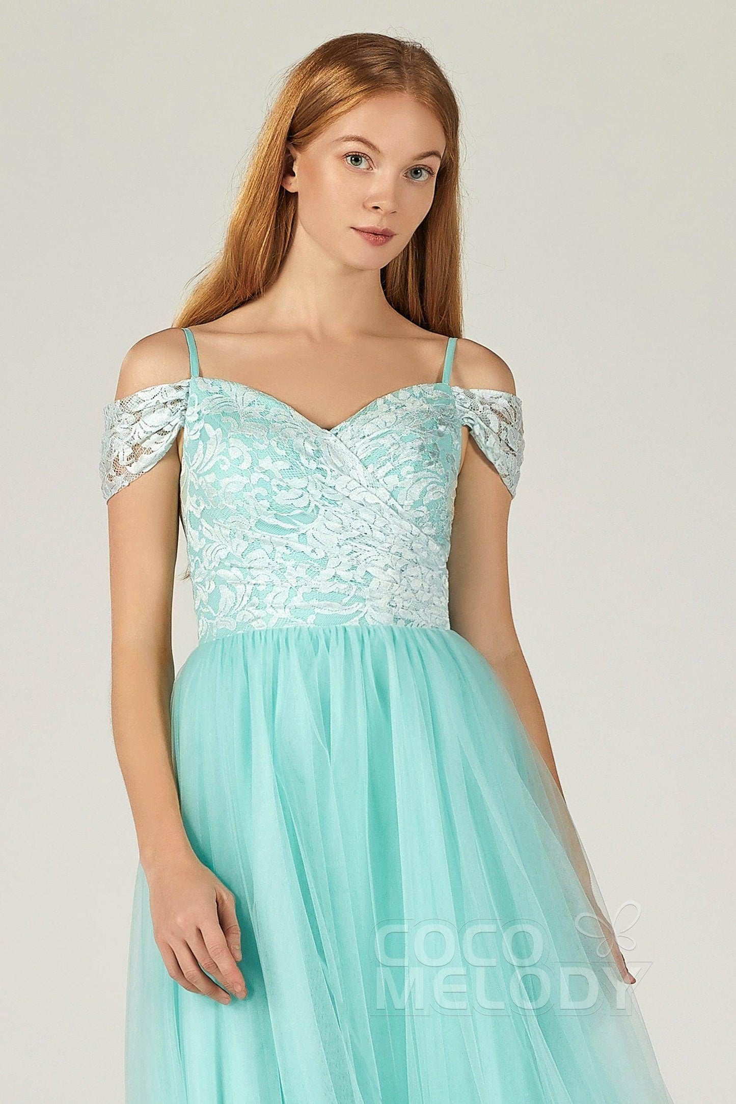 A-Line Floor Length Tulle Lace Bridesmaid Dress CB0384 - COCOMELODY