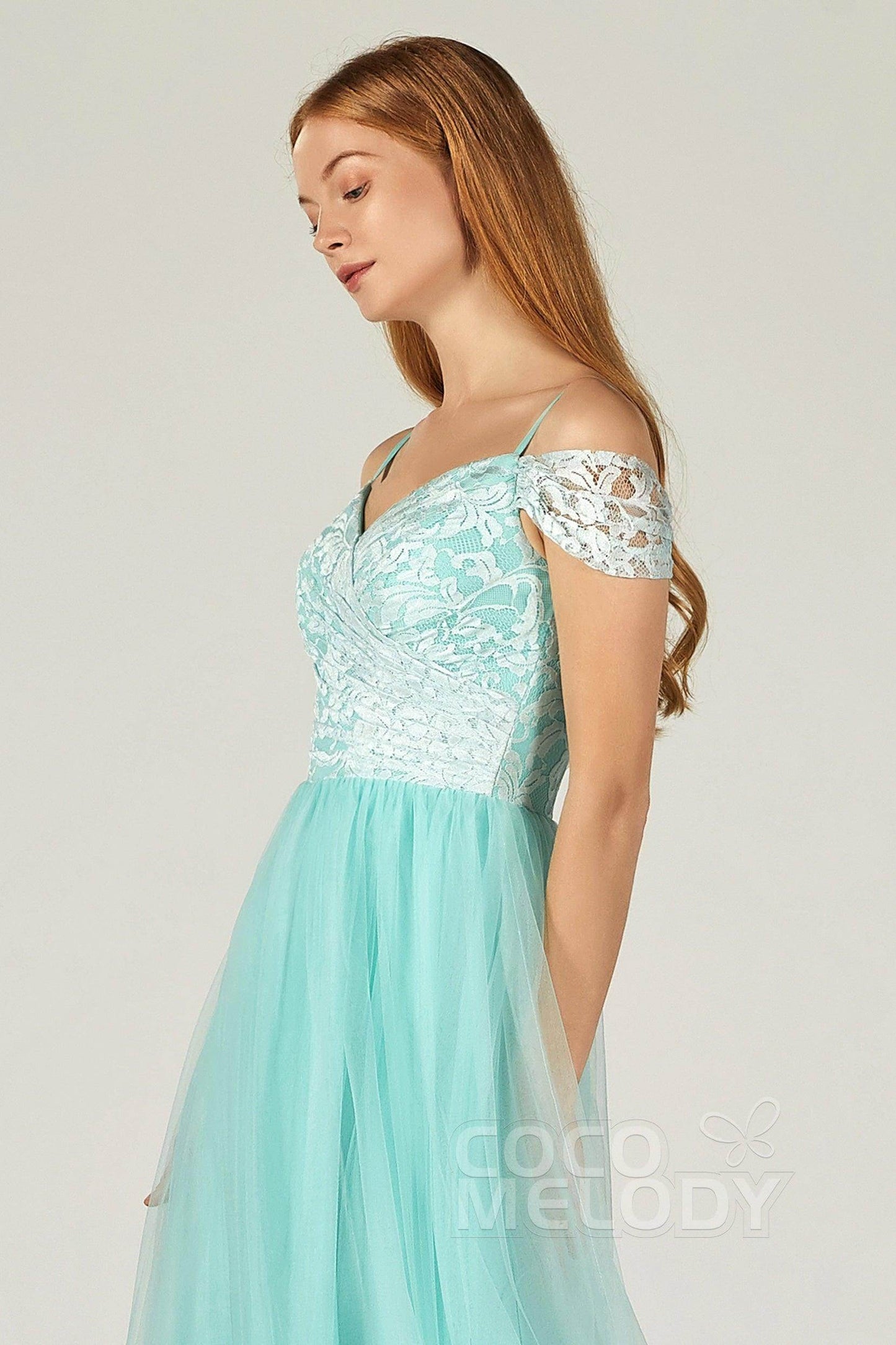 A-Line Floor Length Tulle Lace Bridesmaid Dress CB0384 - COCOMELODY