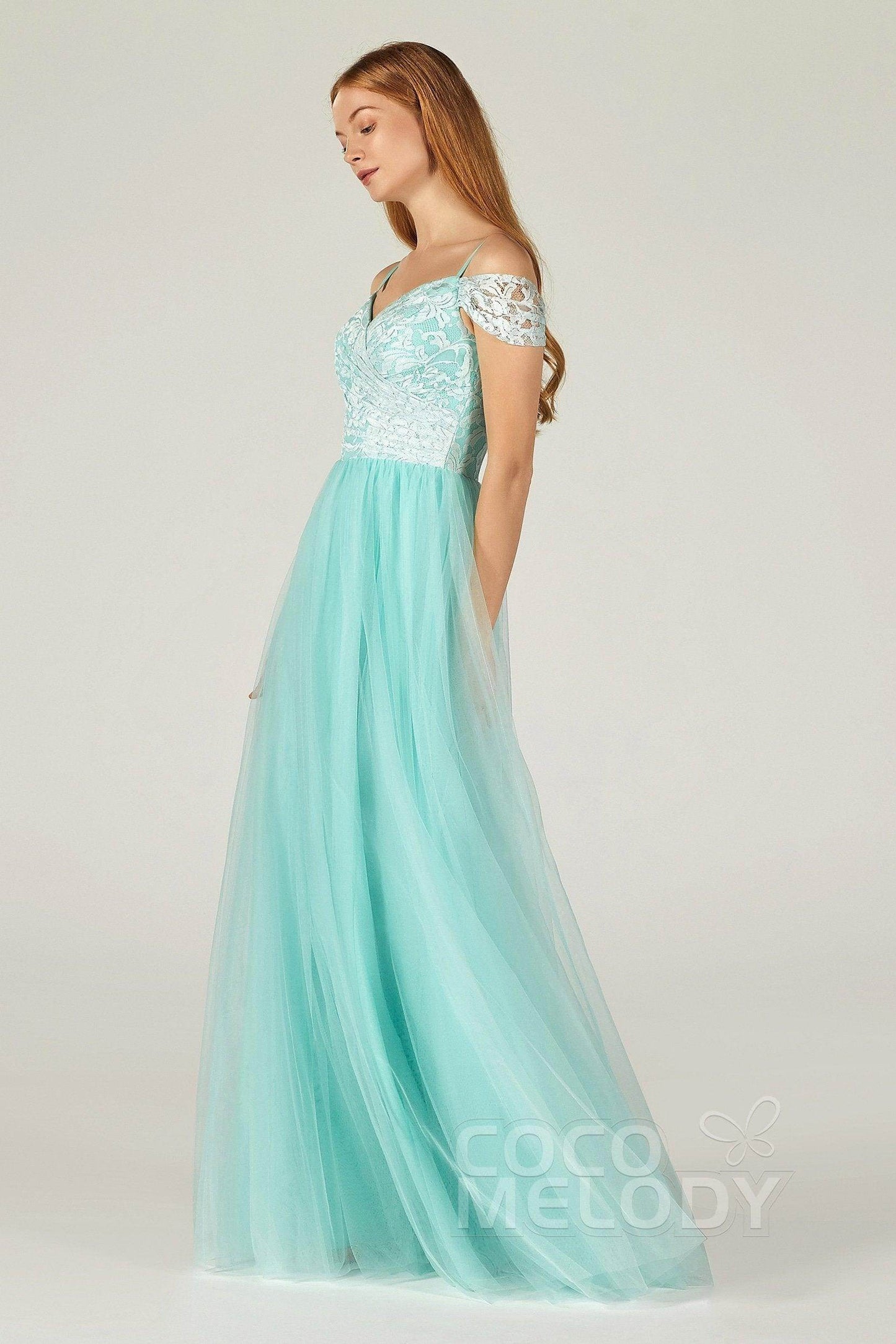 A-Line Floor Length Tulle Lace Bridesmaid Dress CB0384 - COCOMELODY