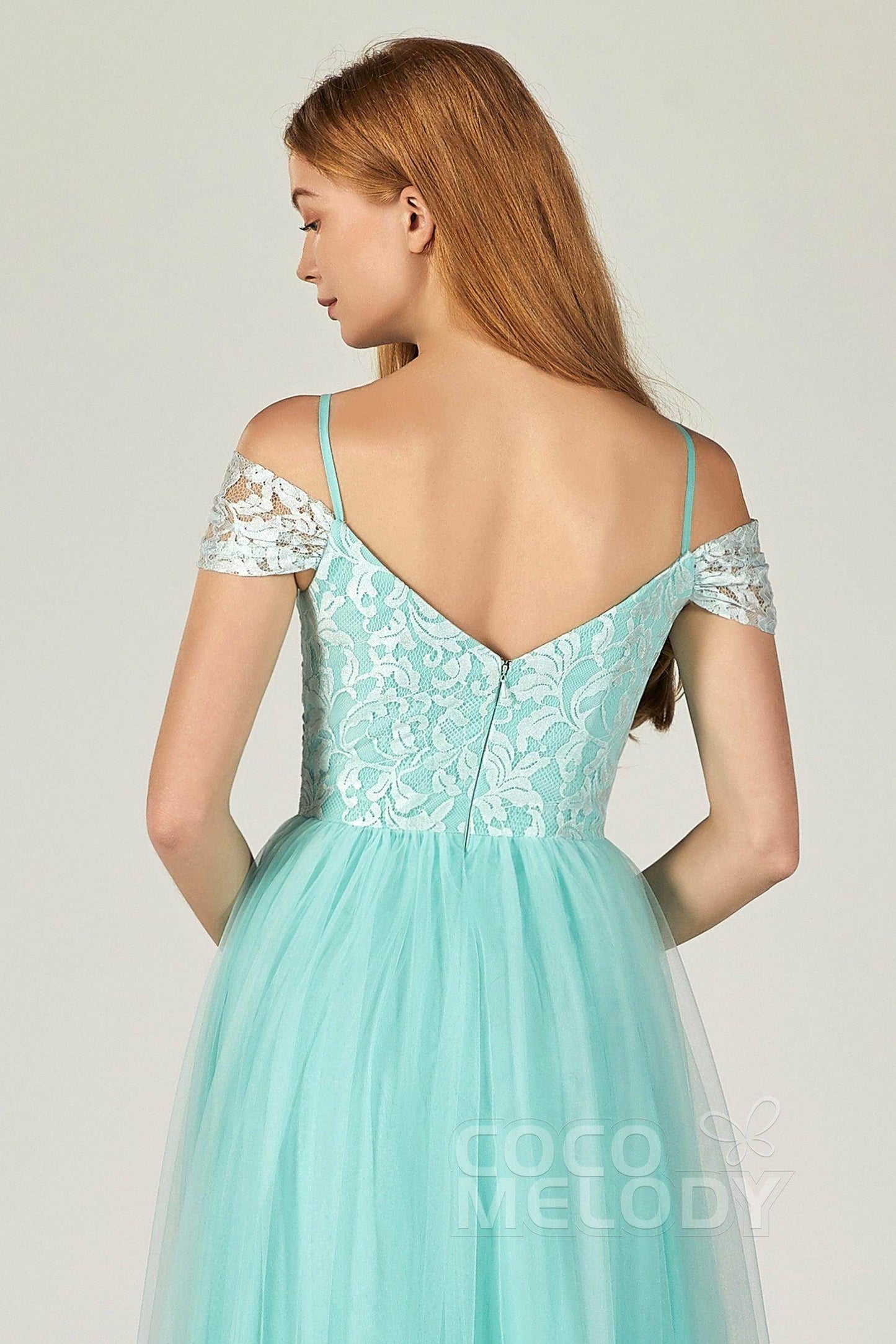 A-Line Floor Length Tulle Lace Bridesmaid Dress CB0384 - COCOMELODY