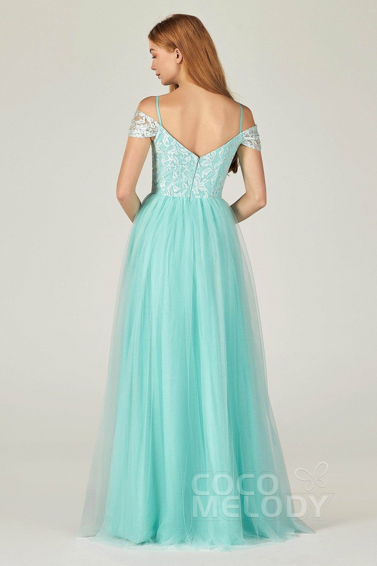 A-Line Floor Length Tulle Lace Bridesmaid Dress CB0384 - COCOMELODY