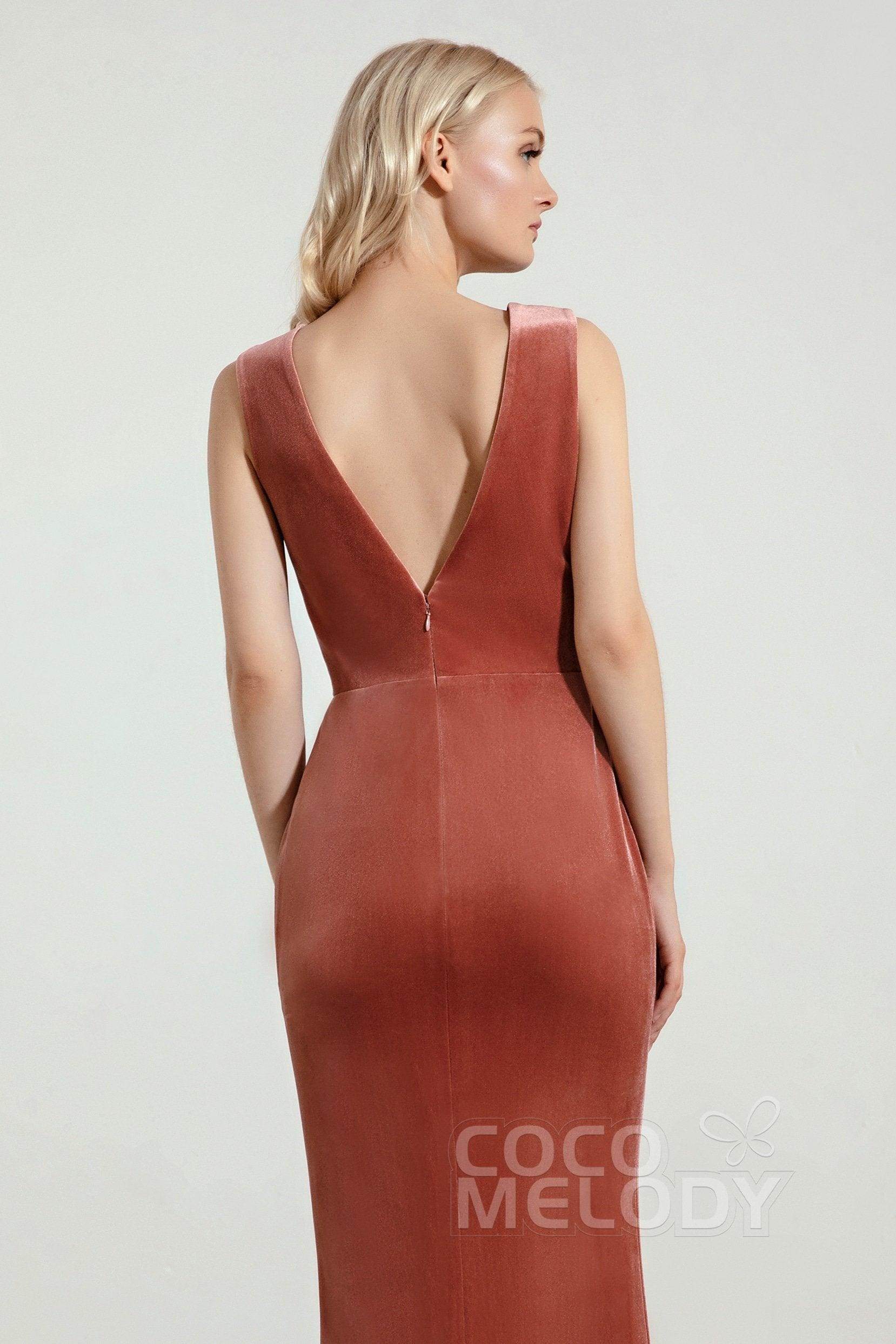 Sheath-Column Floor Length Velvet Bridesmaid Dress Formal Dresses CB0428 - COCOMELODY
