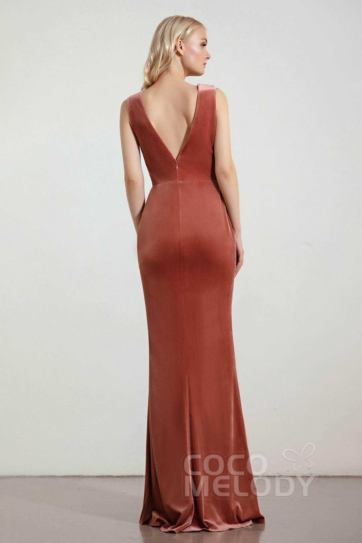 Sheath-Column Floor Length Velvet Bridesmaid Dress Formal Dresses CB0428 - COCOMELODY