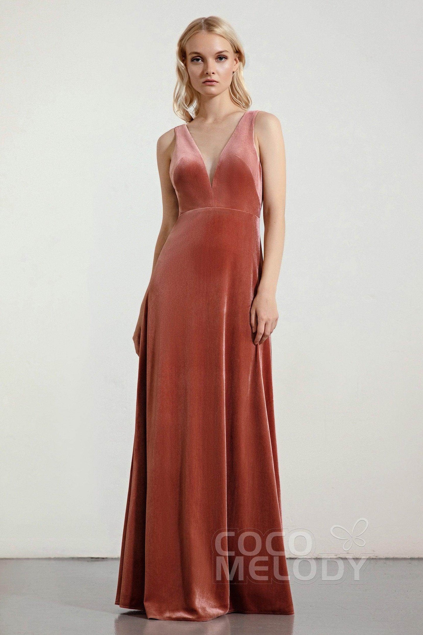 A-Line Floor Length Velvet Bridesmaid Dress Formal Dresses CB0430 - COCOMELODY