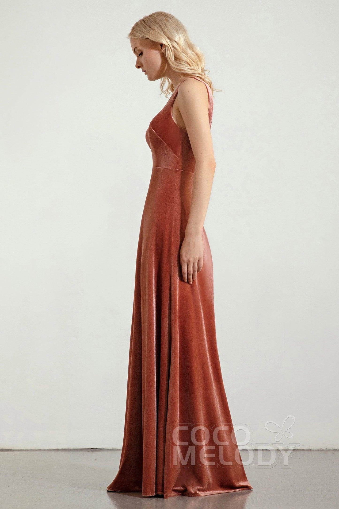 A-Line Floor Length Velvet Bridesmaid Dress Formal Dresses CB0430 - COCOMELODY