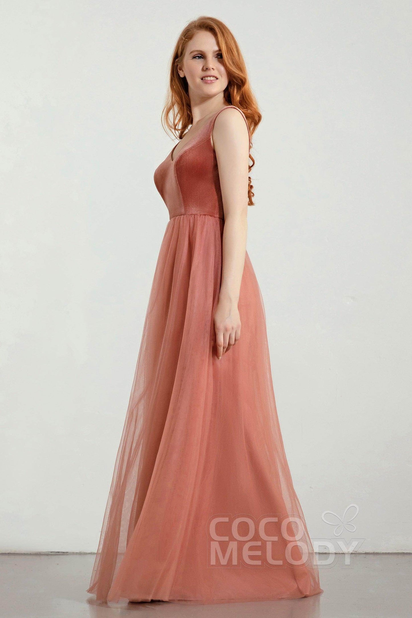 A-Line Floor Length Velvet/Tulle Bridesmaid Dress Formal Dresses CB0431 - COCOMELODY