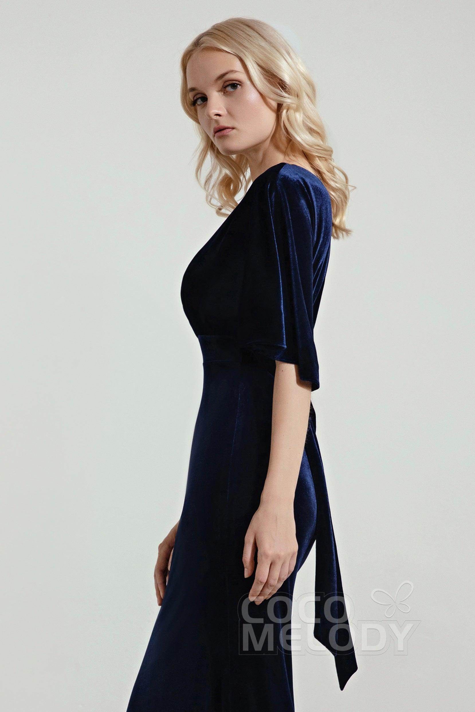 Trumpet Sweep-Brush Train Velvet Bridesmaid Dress Formal Dresses CB0433 - COCOMELODY
