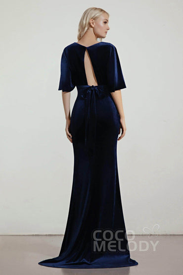 Trumpet Sweep-Brush Train Velvet Bridesmaid Dress Formal Dresses CB0433 - COCOMELODY