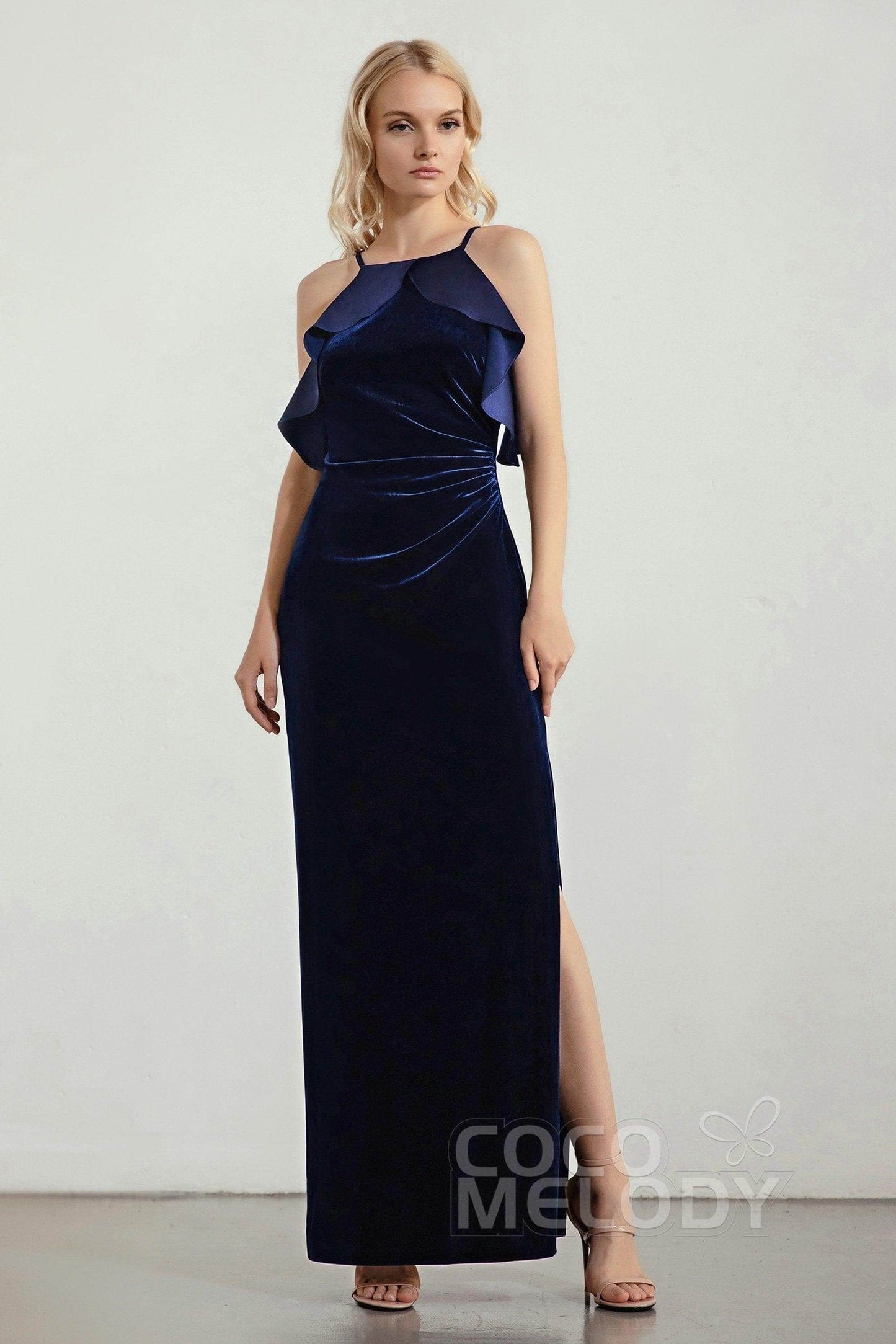 Sheath-Column Floor Length Velvet Bridesmaid Dress Formal Dresses CB0434 - COCOMELODY
