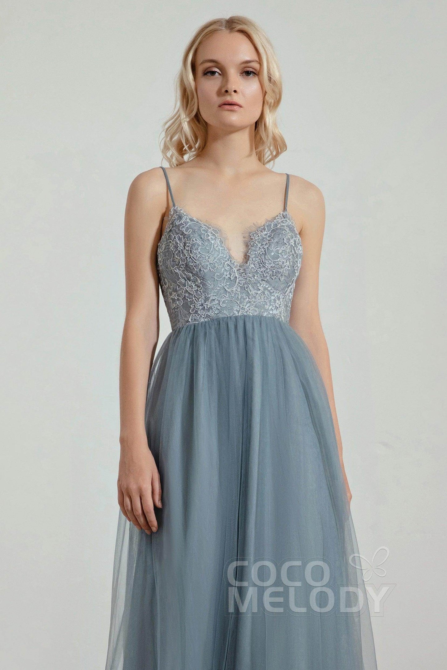 A-Line Floor Length Tulle Lace Bridesmaid Dress CB0437 - COCOMELODY