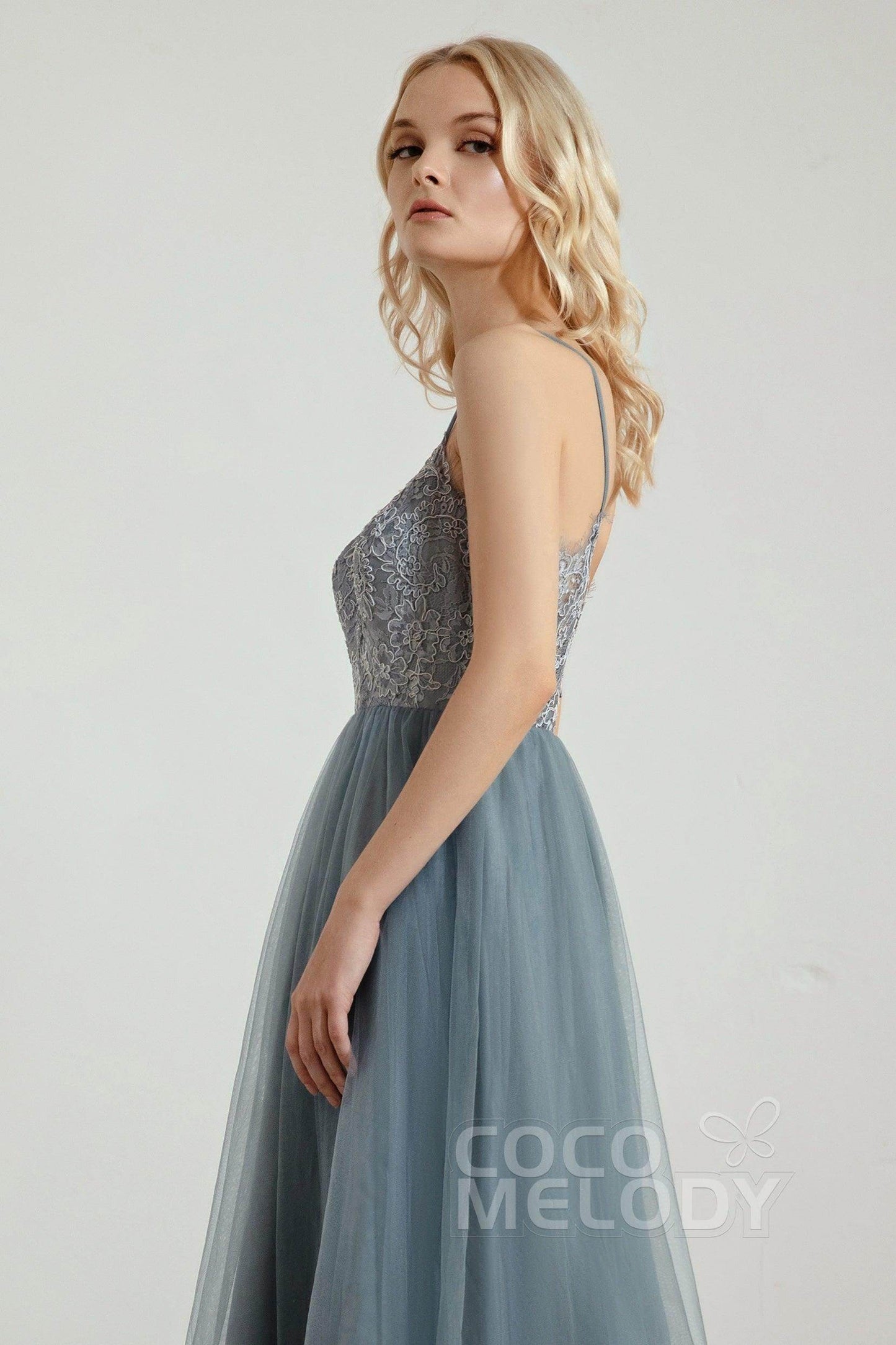 A-Line Floor Length Tulle Lace Bridesmaid Dress CB0437 - COCOMELODY